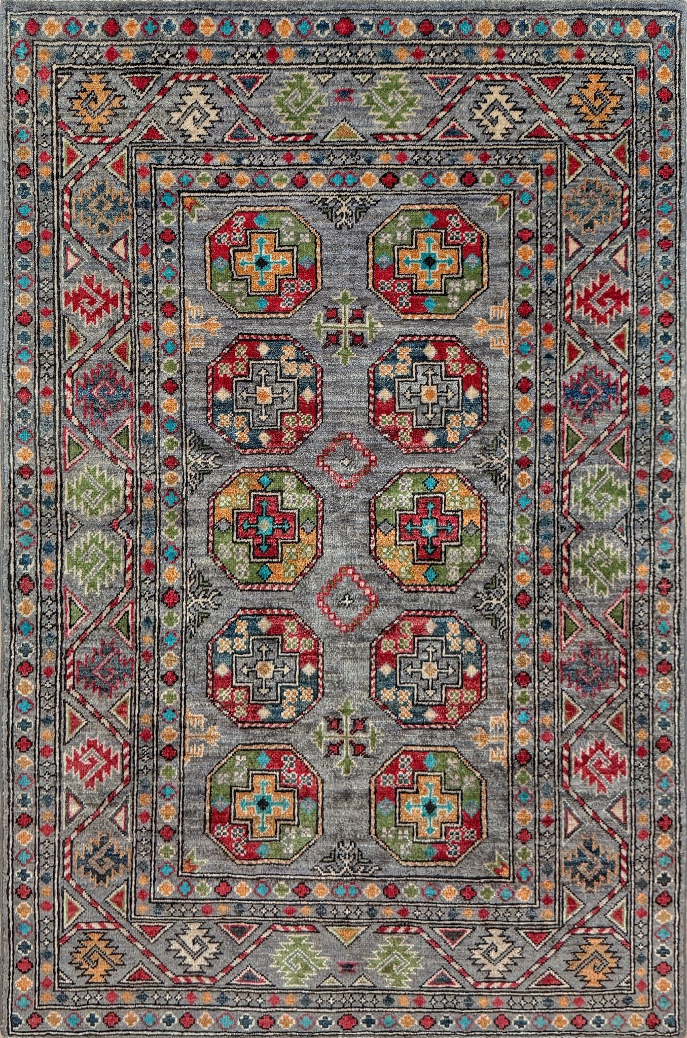 Transitional Gray Neutral Ersari Elephant Foot rug 4x6. Handmade Turkmen tribal wool rug perfect for living room, bedroom, or entryway. Free shipping from the best rug shop in the San Francisco Bay Area, Burlingame CA.