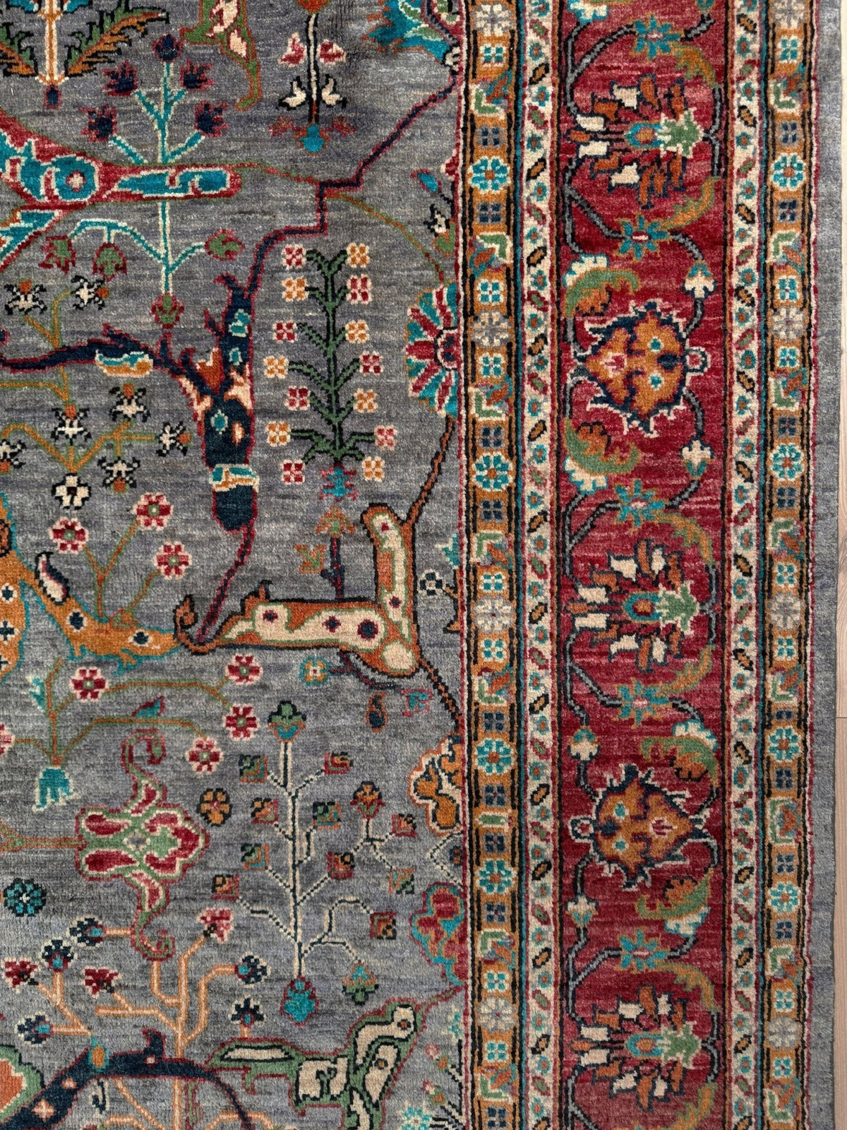 7x9 Gray Garrus Bijar design rug with allover floral pattern, crimson red border, handmade wool from Indigo Rugs Burlingame SF Bay Area.