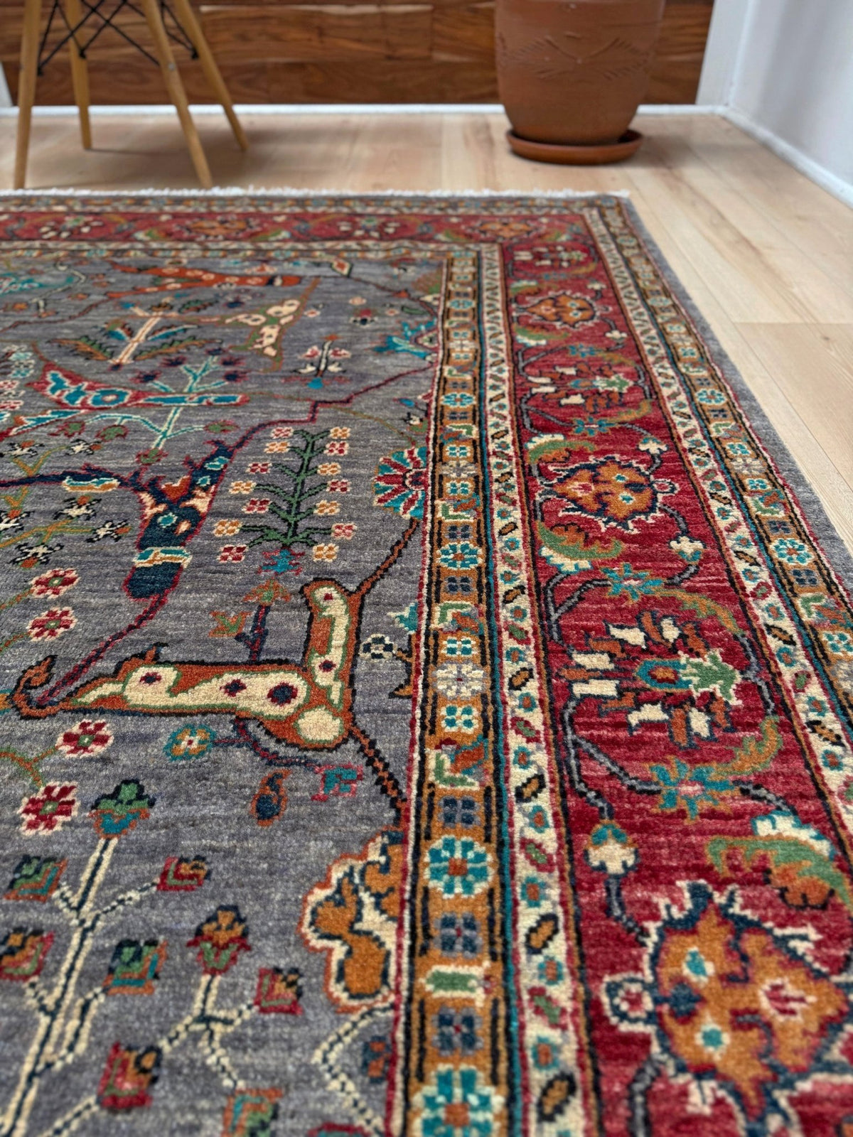 7x9 Gray Garrus Bijar design rug with allover floral pattern, crimson red border, handmade wool from Indigo Rugs Burlingame SF Bay Area.