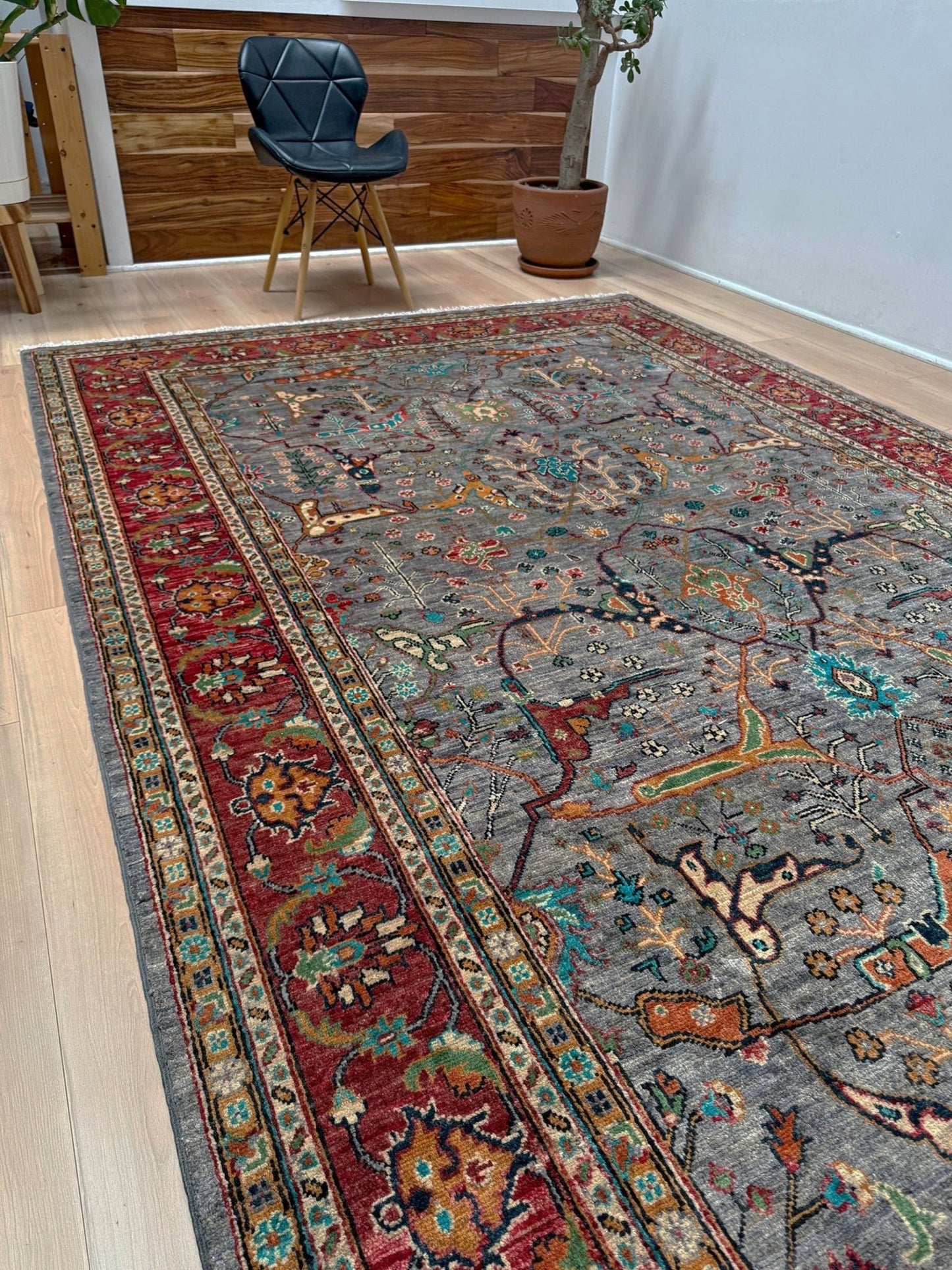 7x9 Gray Garrus Bijar design rug with allover floral pattern, crimson red border, handmade wool from Indigo Rugs Burlingame SF Bay Area.