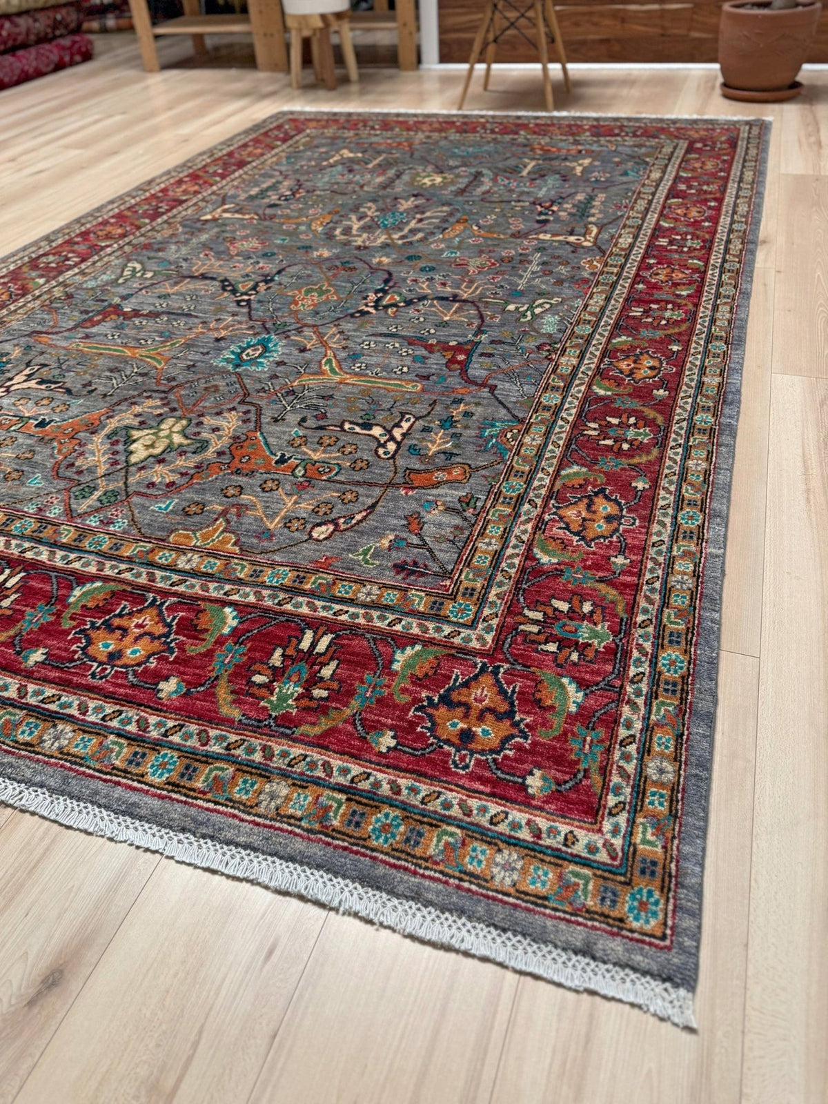 7x9 Gray Garrus Bijar design rug with allover floral pattern, crimson red border, handmade wool from Indigo Rugs Burlingame SF Bay Area.