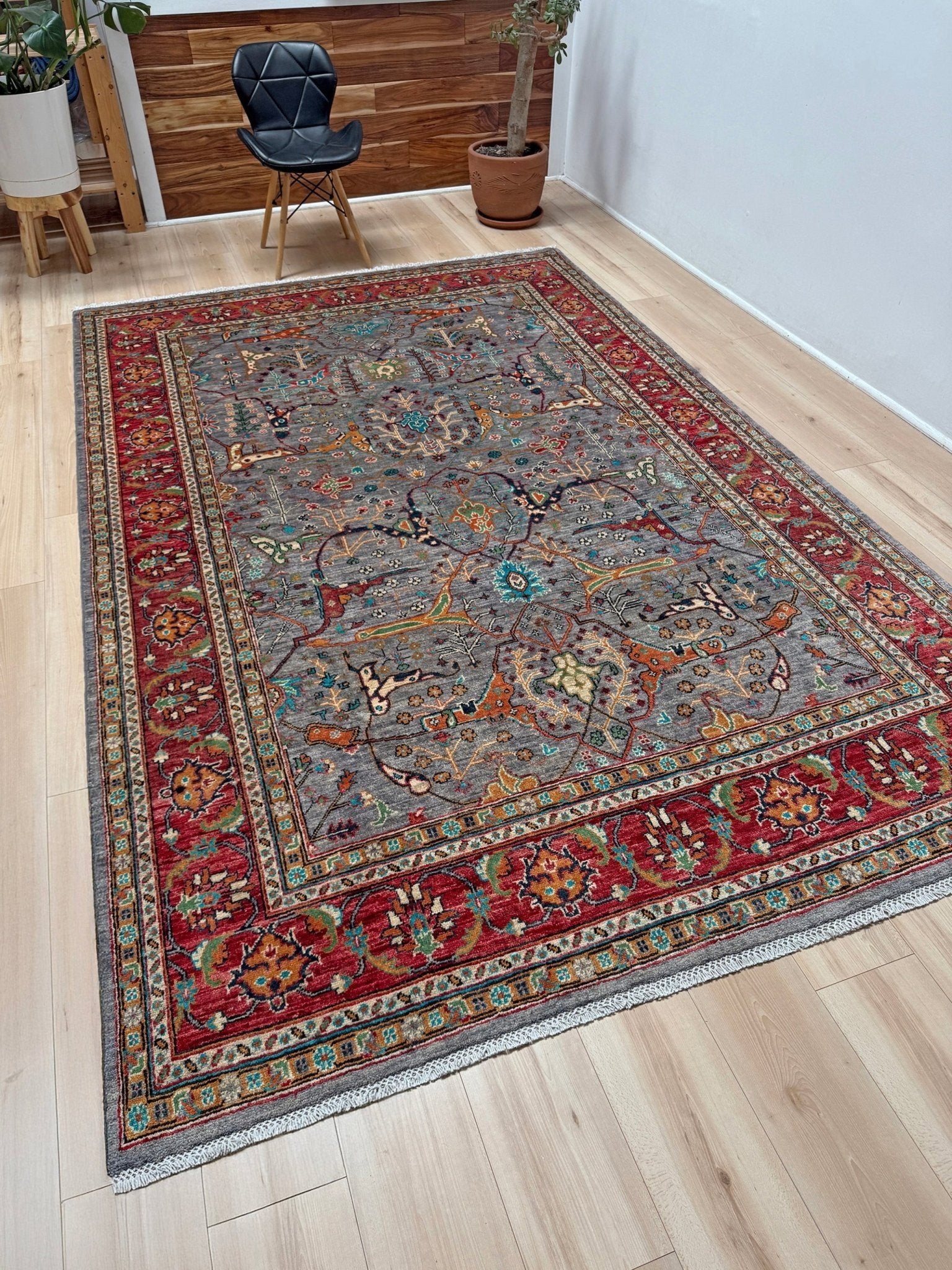 7x9 Gray Garrus Bijar design rug with allover floral pattern, crimson red border, handmade wool from Indigo Rugs Burlingame SF Bay Area.