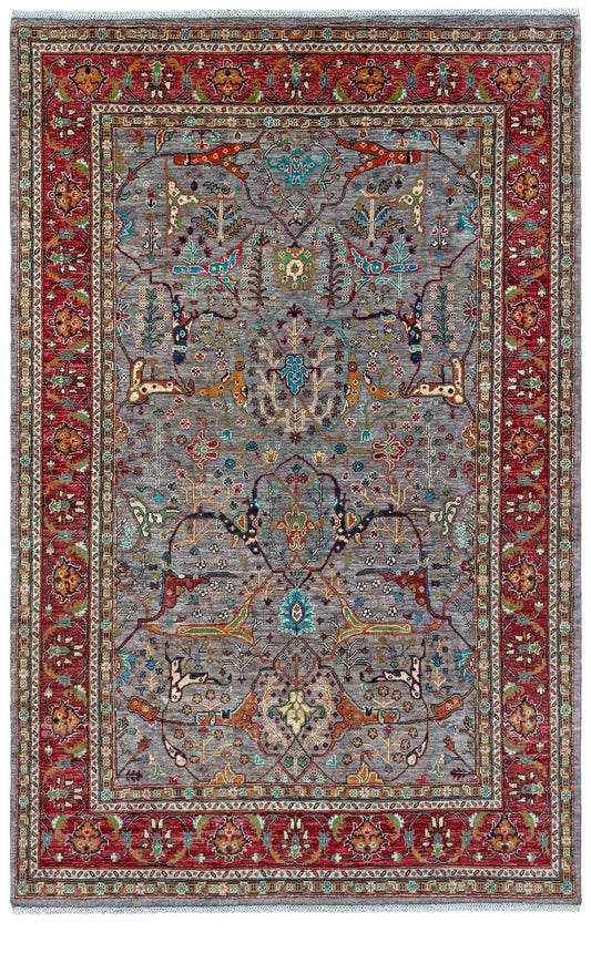 A traditional oriental-style area rug with a complex floral and medallion pattern, featuring a dominant gray-blue center field, a deep red inner border, and a red outer border with detailed multicolored motifs.