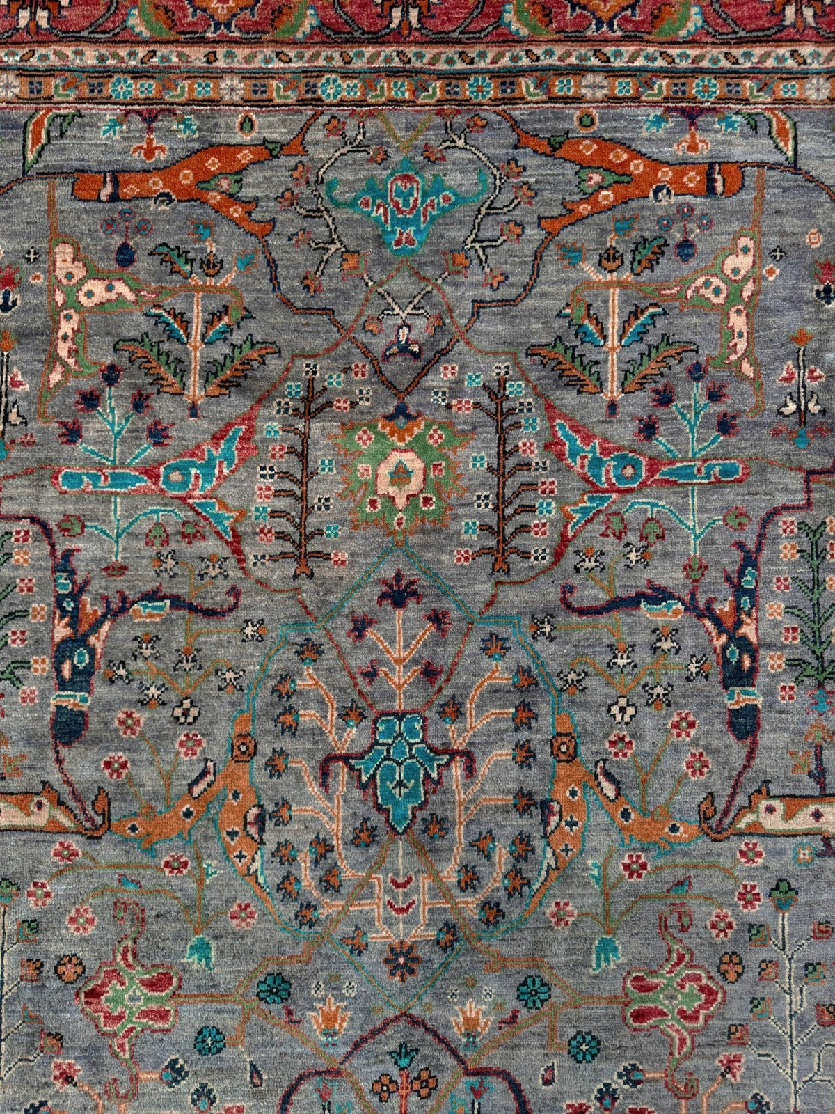 7x9 Gray Garrus Bijar design rug with allover floral pattern, crimson red border, handmade wool from Indigo Rugs Burlingame SF Bay Area.