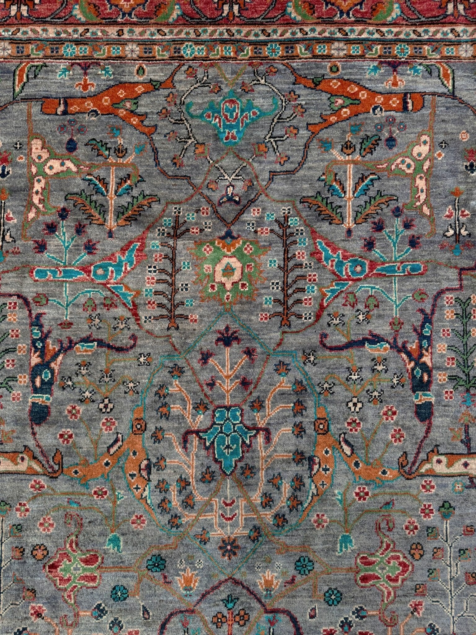 7x9 Gray Garrus Bijar design rug with allover floral pattern, crimson red border, handmade wool from Indigo Rugs Burlingame SF Bay Area.