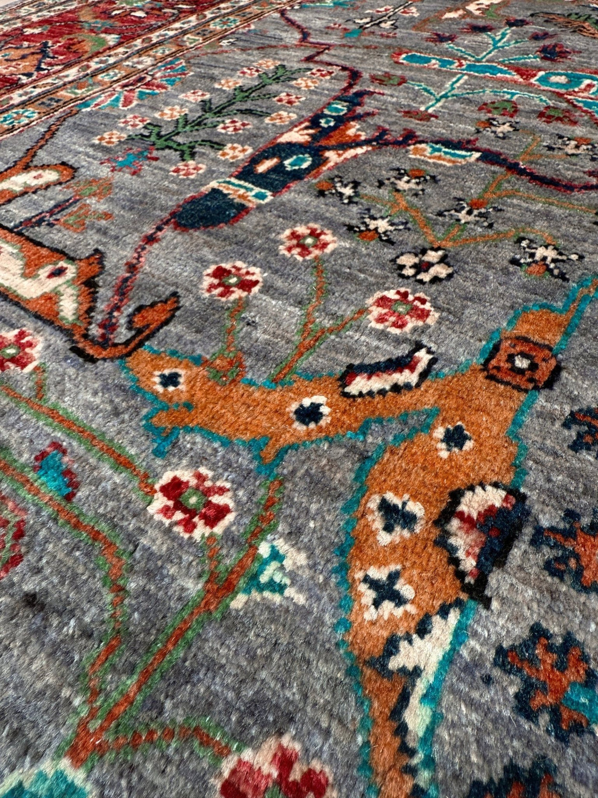7x9 Gray Garrus Bijar design rug with allover floral pattern, crimson red border, handmade wool from Indigo Rugs Burlingame SF Bay Area.