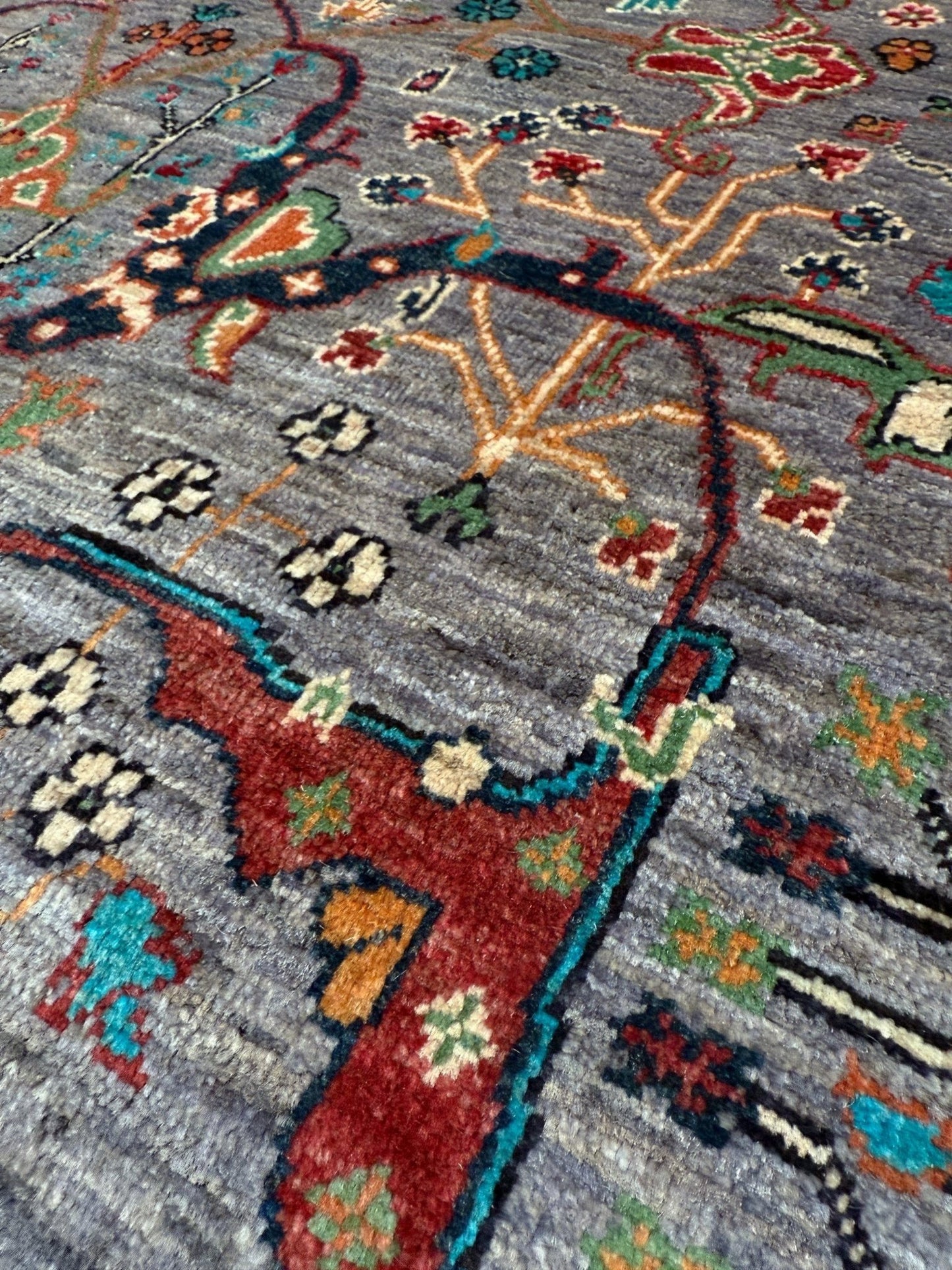 7x9 Gray Garrus Bijar design rug with allover floral pattern, crimson red border, handmade wool from Indigo Rugs Burlingame SF Bay Area.