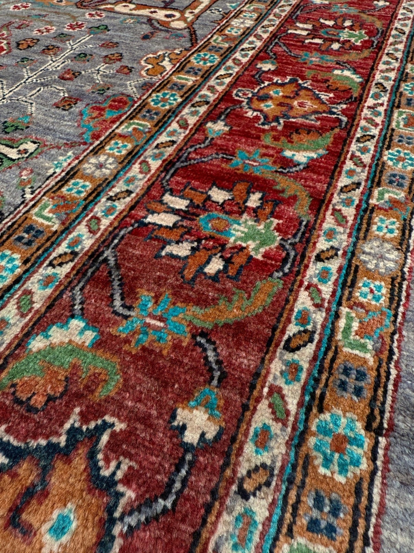 7x9 Gray Garrus Bijar design rug with allover floral pattern, crimson red border, handmade wool from Indigo Rugs Burlingame SF Bay Area.
