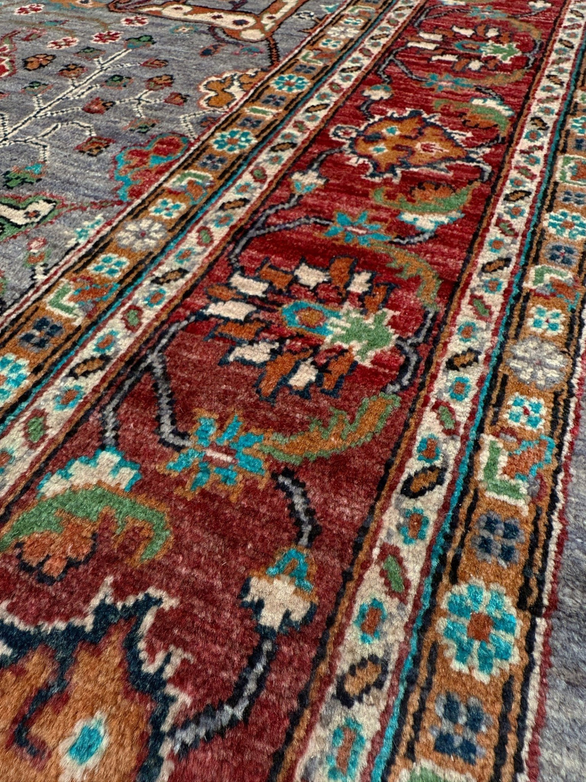 7x9 Gray Garrus Bijar design rug with allover floral pattern, crimson red border, handmade wool from Indigo Rugs Burlingame SF Bay Area.