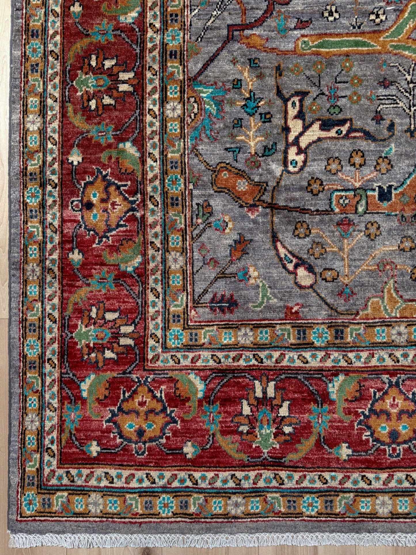 7x9 Gray Garrus Bijar design rug with allover floral pattern, crimson red border, handmade wool from Indigo Rugs Burlingame SF Bay Area.