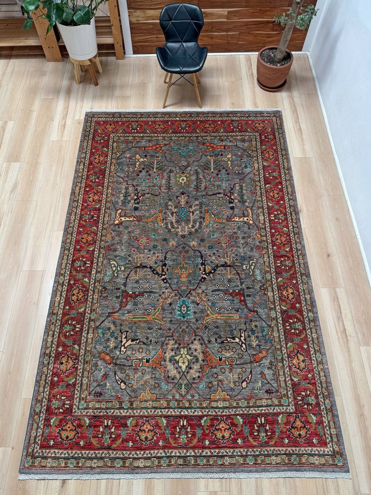 7x9 Gray Garrus Bijar design rug with allover floral pattern, crimson red border, handmade wool from Indigo Rugs Burlingame SF Bay Area.