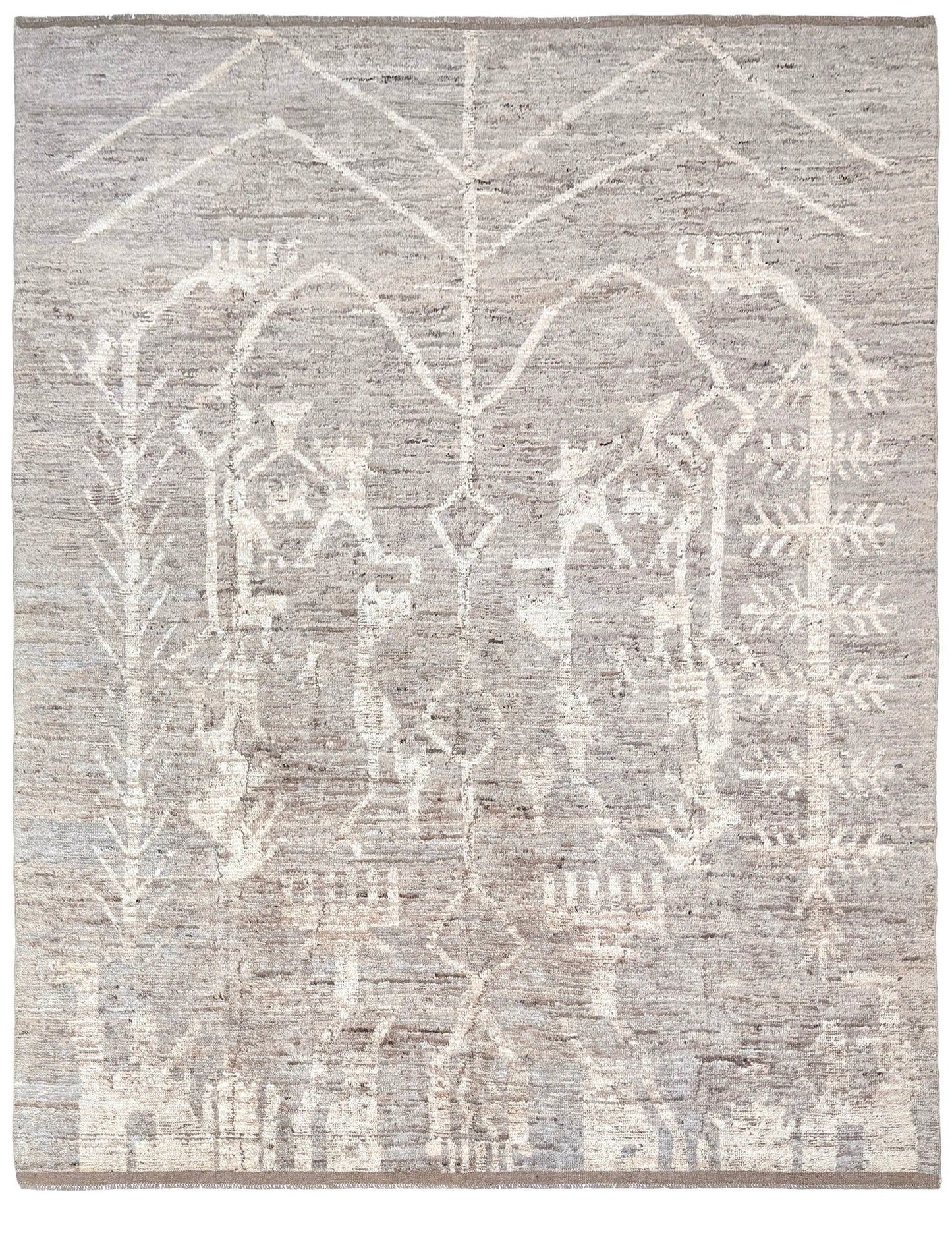 Brand new 9x12 Turkish Tulu Organic Modern  rug with warm greige field, soft ivory abstract tribal motifs, taupe and oatmeal tones, handmade wool area rug from Indigo Rugs Burlingame Bay Area.