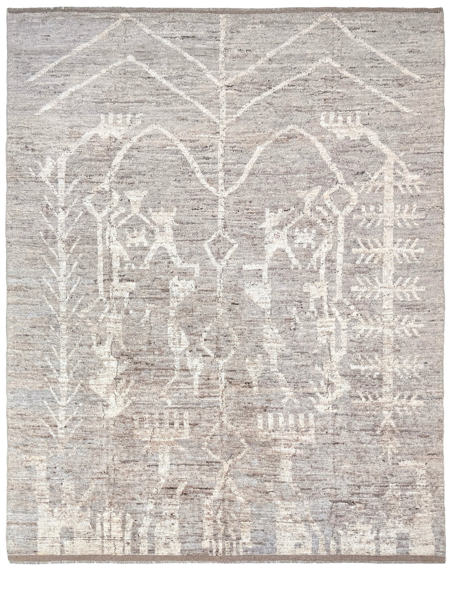 Brand new 9x12 Turkish Tulu Organic Modern  rug with warm greige field, soft ivory abstract tribal motifs, taupe and oatmeal tones, handmade wool area rug from Indigo Rugs Burlingame Bay Area.