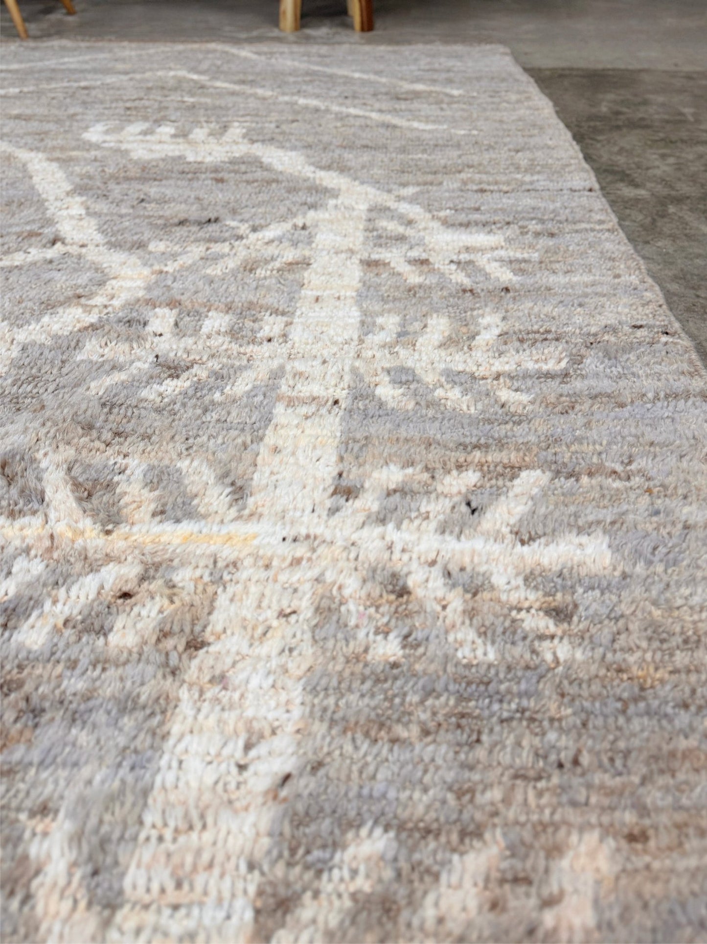Brand new 9x12 Turkish Tulu Organic Modern  rug with warm greige field, soft ivory abstract tribal motifs, taupe and oatmeal tones, handmade wool area rug from Indigo Rugs Burlingame Bay Area.
