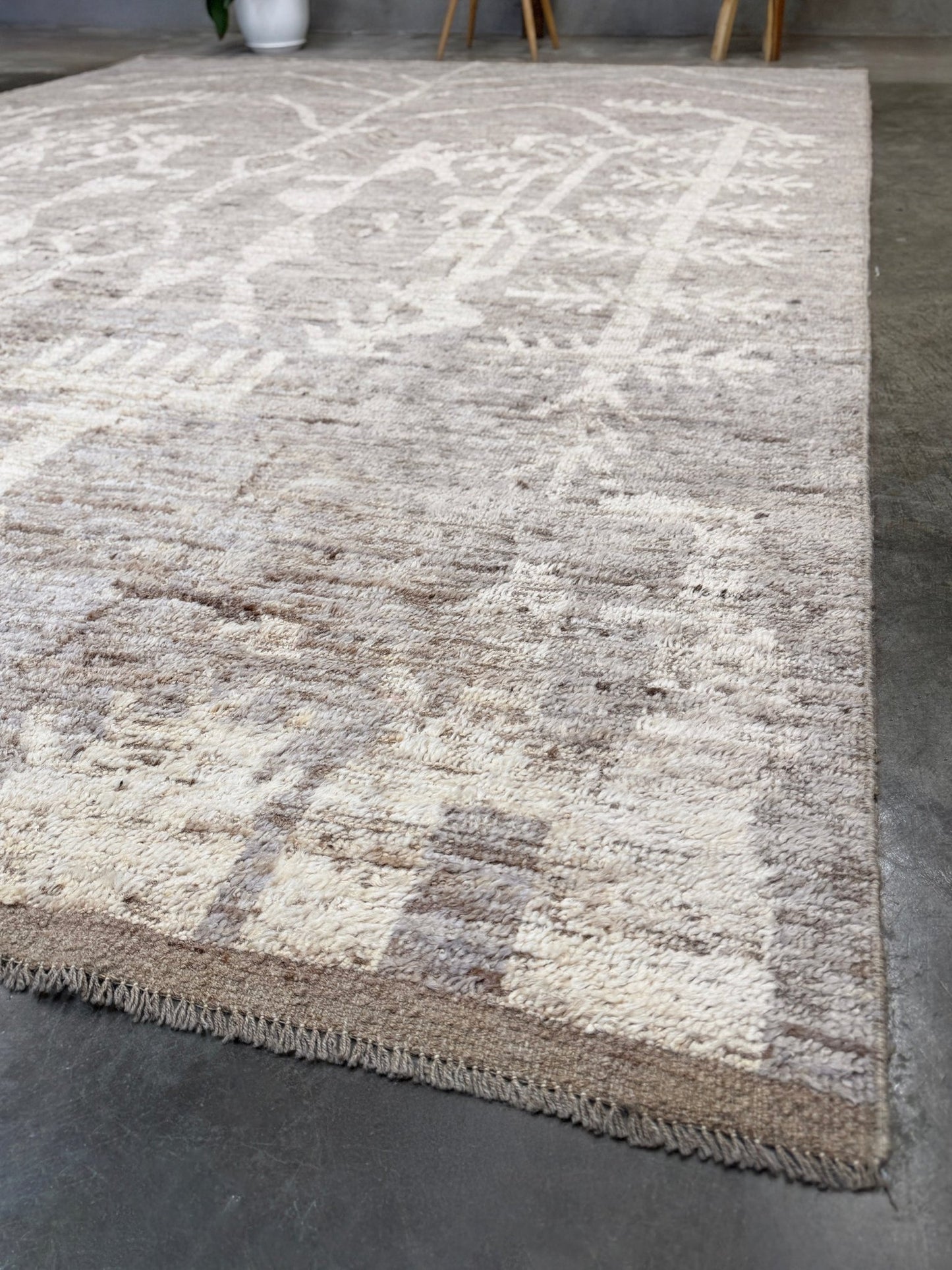 Brand new 9x12 Turkish Tulu Organic Modern  rug with warm greige field, soft ivory abstract tribal motifs, taupe and oatmeal tones, handmade wool area rug from Indigo Rugs Burlingame Bay Area.