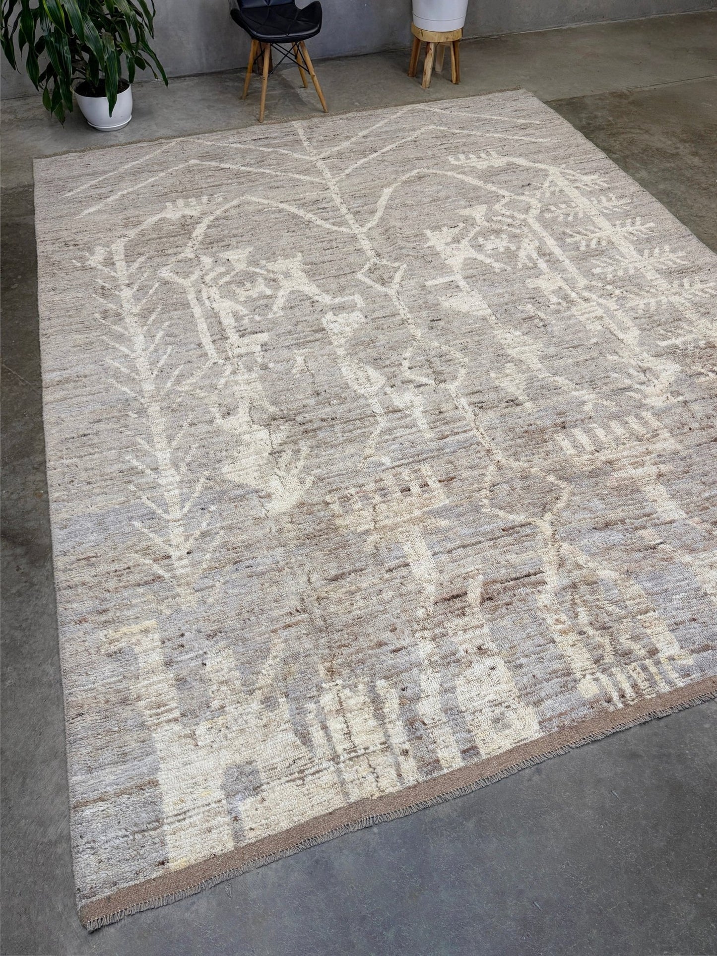 Brand new 9x12 Turkish Tulu Organic Modern  rug with warm greige field, soft ivory abstract tribal motifs, taupe and oatmeal tones, handmade wool area rug from Indigo Rugs Burlingame Bay Area.