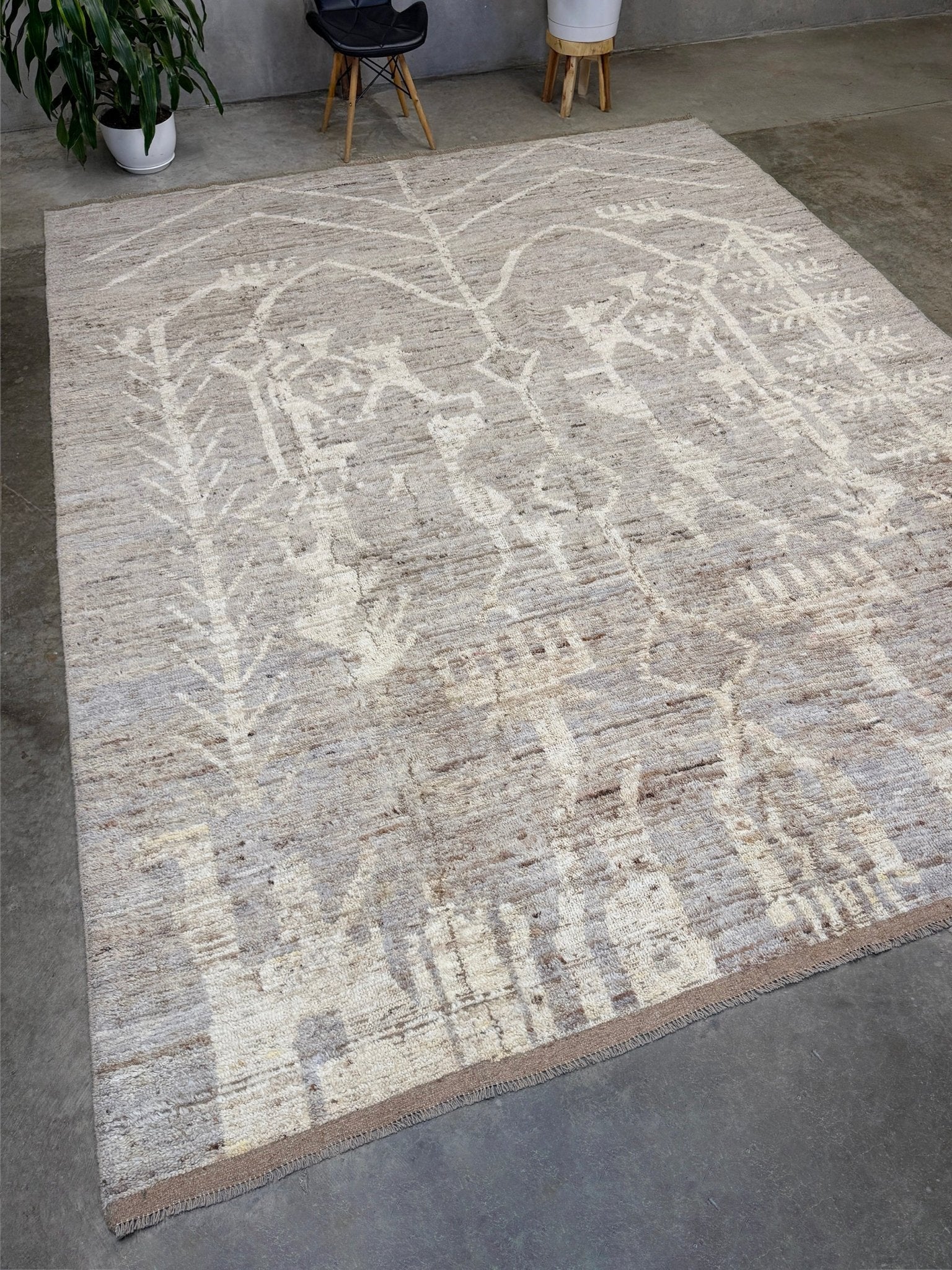 Brand new 9x12 Turkish Tulu Organic Modern  rug with warm greige field, soft ivory abstract tribal motifs, taupe and oatmeal tones, handmade wool area rug from Indigo Rugs Burlingame Bay Area.
