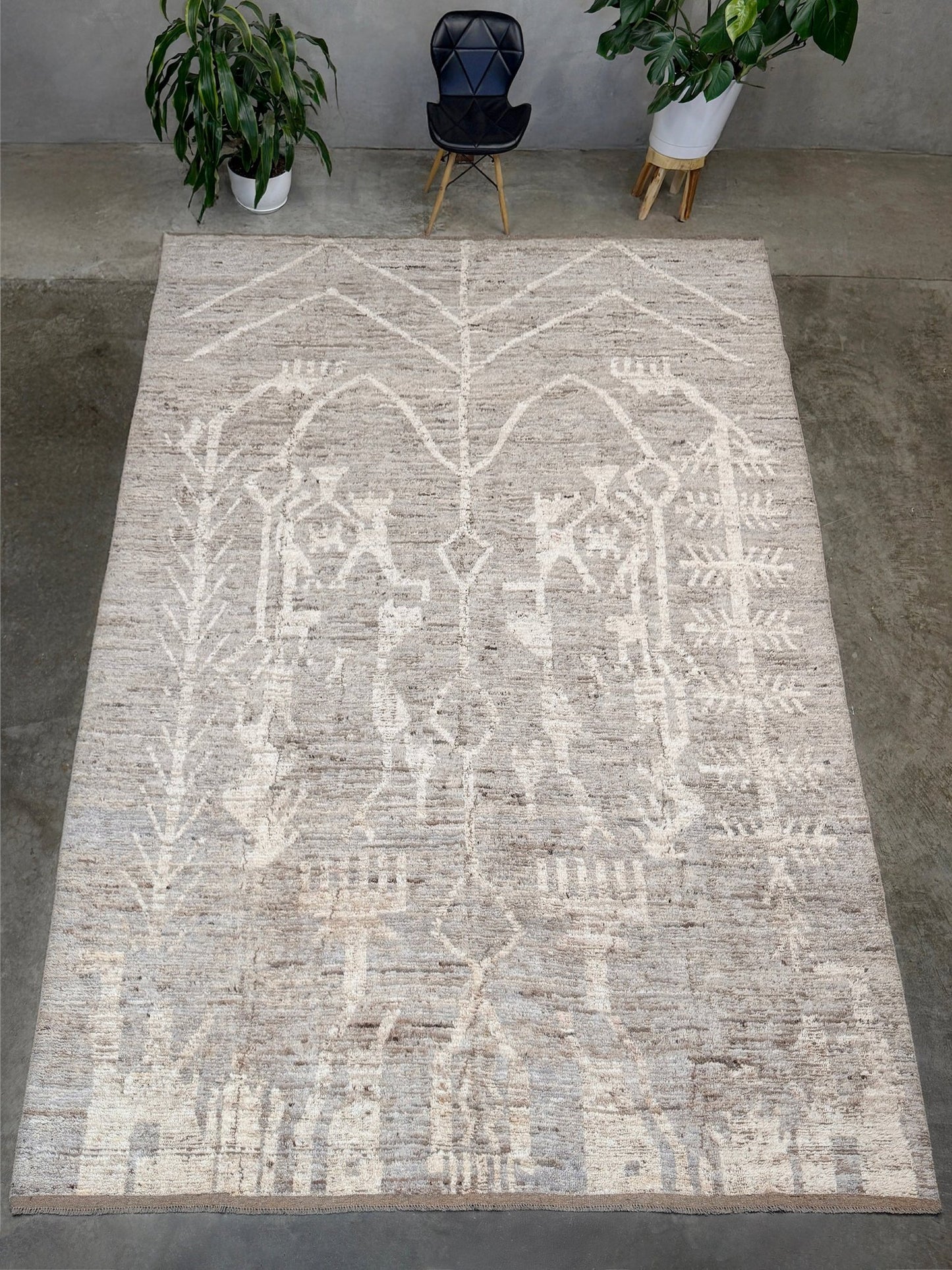 Brand new 9x12 Turkish Tulu Organic Modern  rug with warm greige field, soft ivory abstract tribal motifs, taupe and oatmeal tones, handmade wool area rug from Indigo Rugs Burlingame Bay Area.