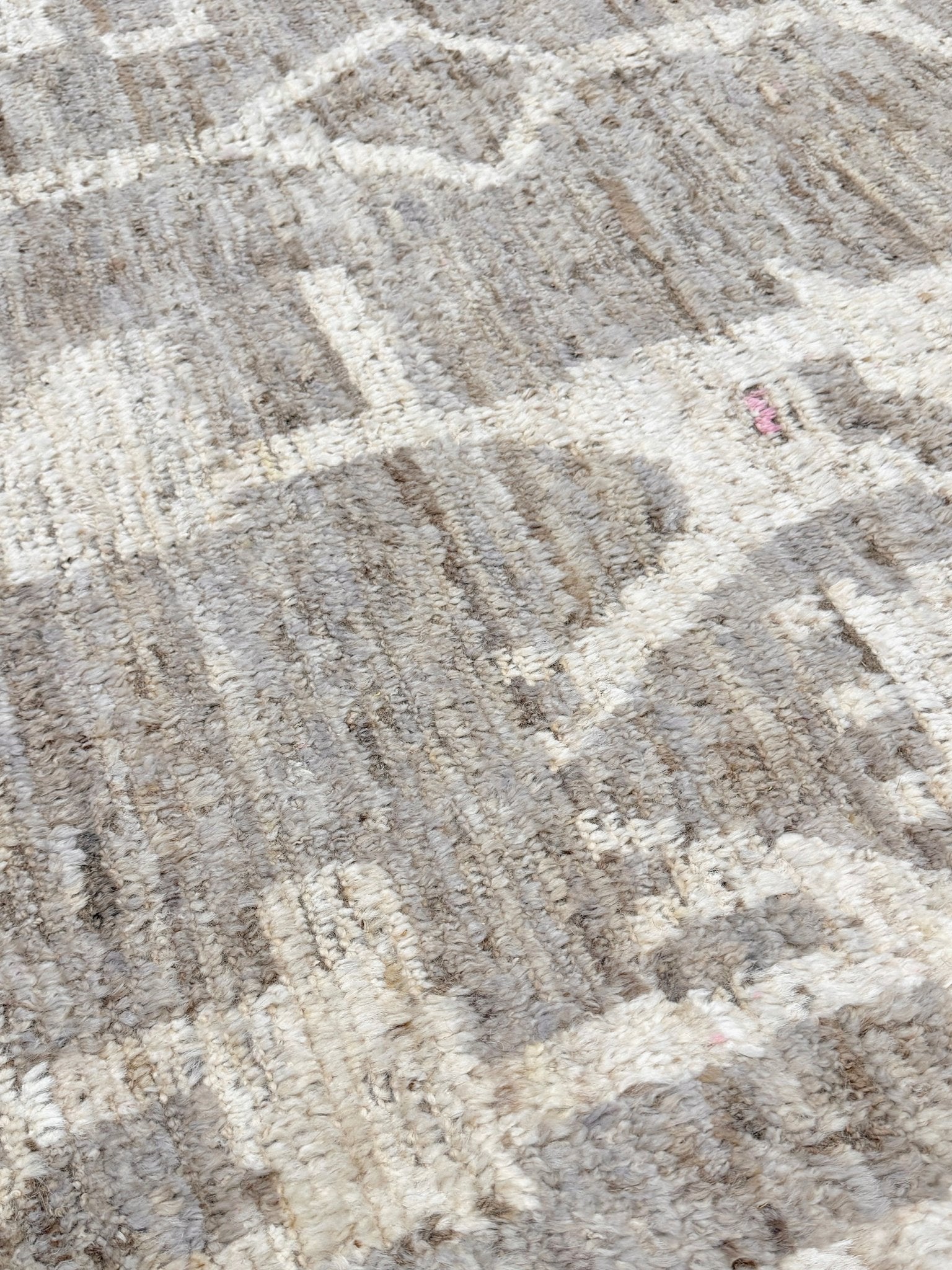 Brand new 9x12 Turkish Tulu Organic Modern  rug with warm greige field, soft ivory abstract tribal motifs, taupe and oatmeal tones, handmade wool area rug from Indigo Rugs Burlingame Bay Area.