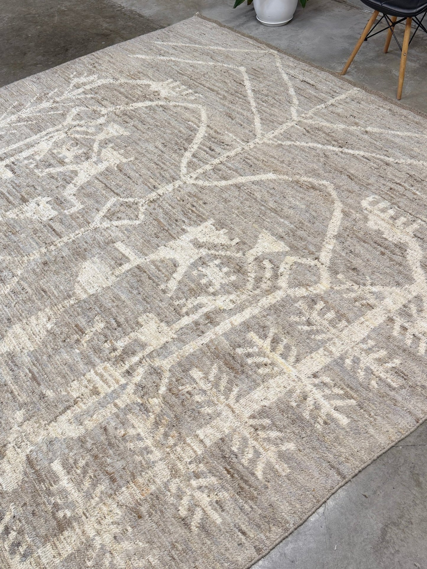 Brand new 9x12 Turkish Tulu Organic Modern  rug with warm greige field, soft ivory abstract tribal motifs, taupe and oatmeal tones, handmade wool area rug from Indigo Rugs Burlingame Bay Area.