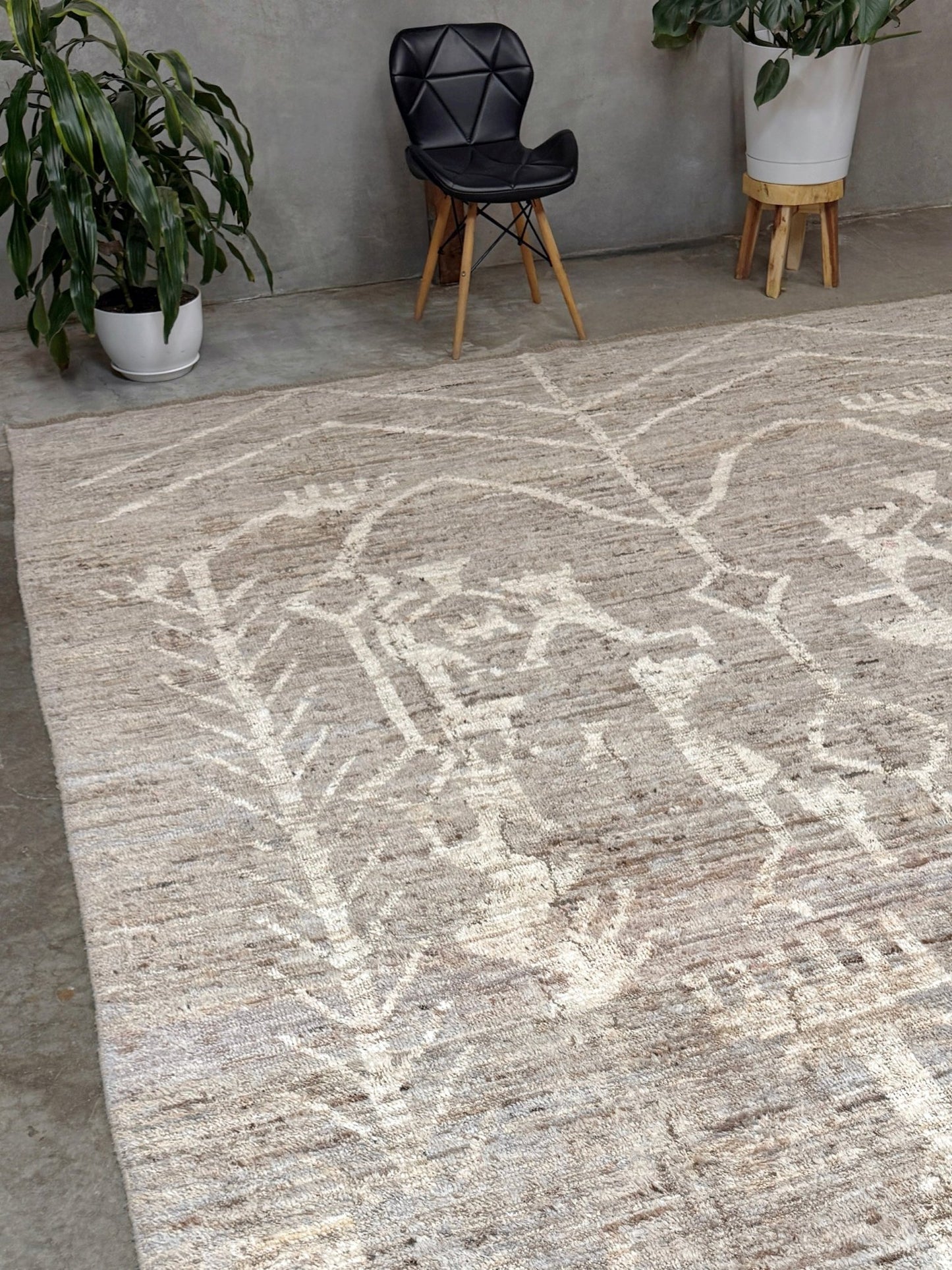 Brand new 9x12 Turkish Tulu Organic Modern  rug with warm greige field, soft ivory abstract tribal motifs, taupe and oatmeal tones, handmade wool area rug from Indigo Rugs Burlingame Bay Area.
