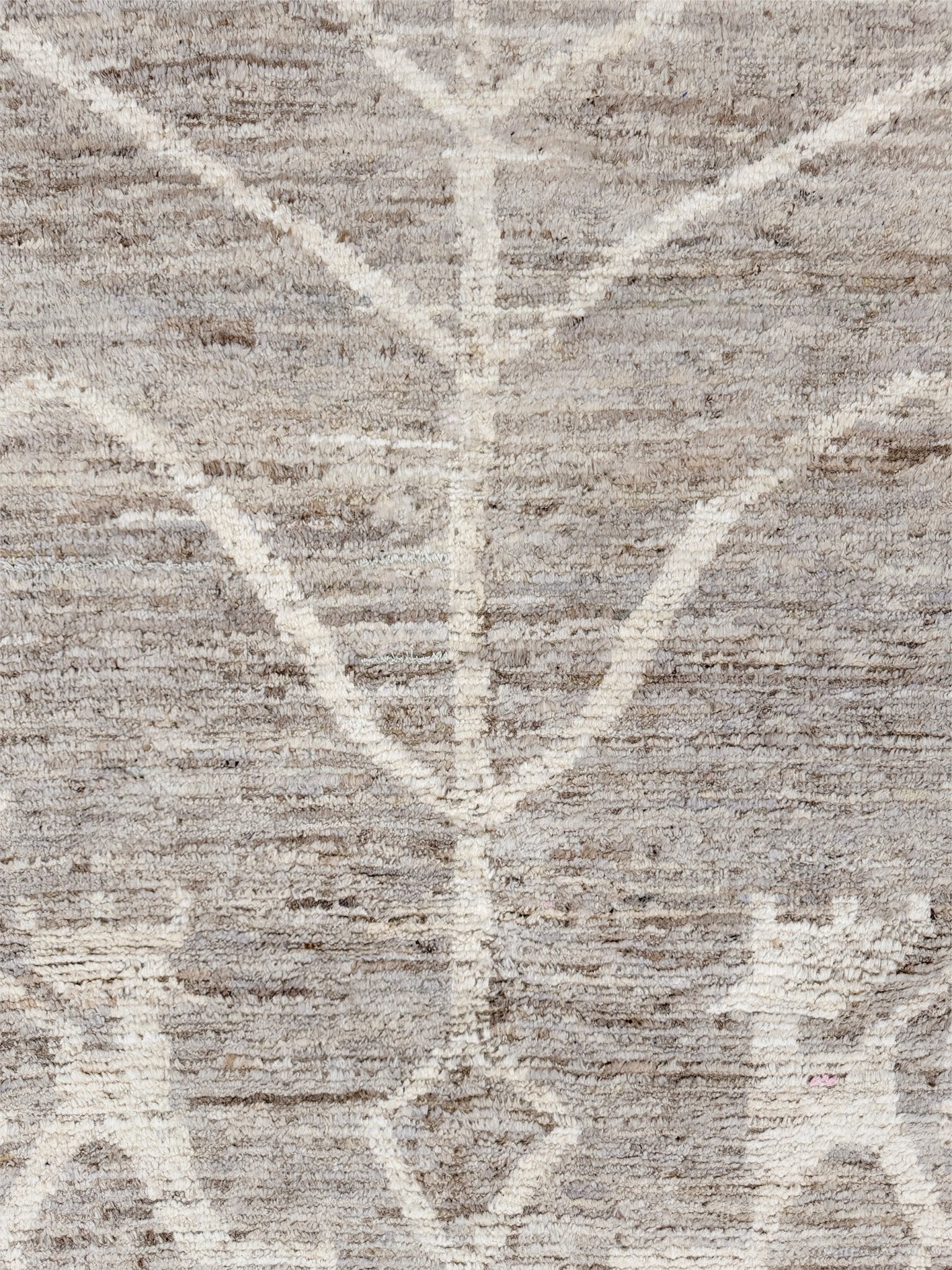 Brand new 9x12 Turkish Tulu Organic Modern  rug with warm greige field, soft ivory abstract tribal motifs, taupe and oatmeal tones, handmade wool area rug from Indigo Rugs Burlingame Bay Area.