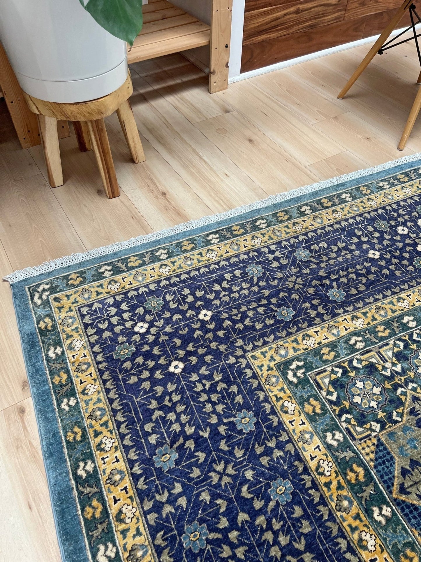 Decorative blue rug with intricate patterns. Brand new fine Mamluk rug 10x14 with navy, denim blue, and soft gold geometric medallion design, high knot density (50×50 ~156 KPSI), perfect for large living rooms and dining spaces. From Indigo Rugs, Burlingame — the best rug shop in the San Francisco Bay Area. Free shipping.