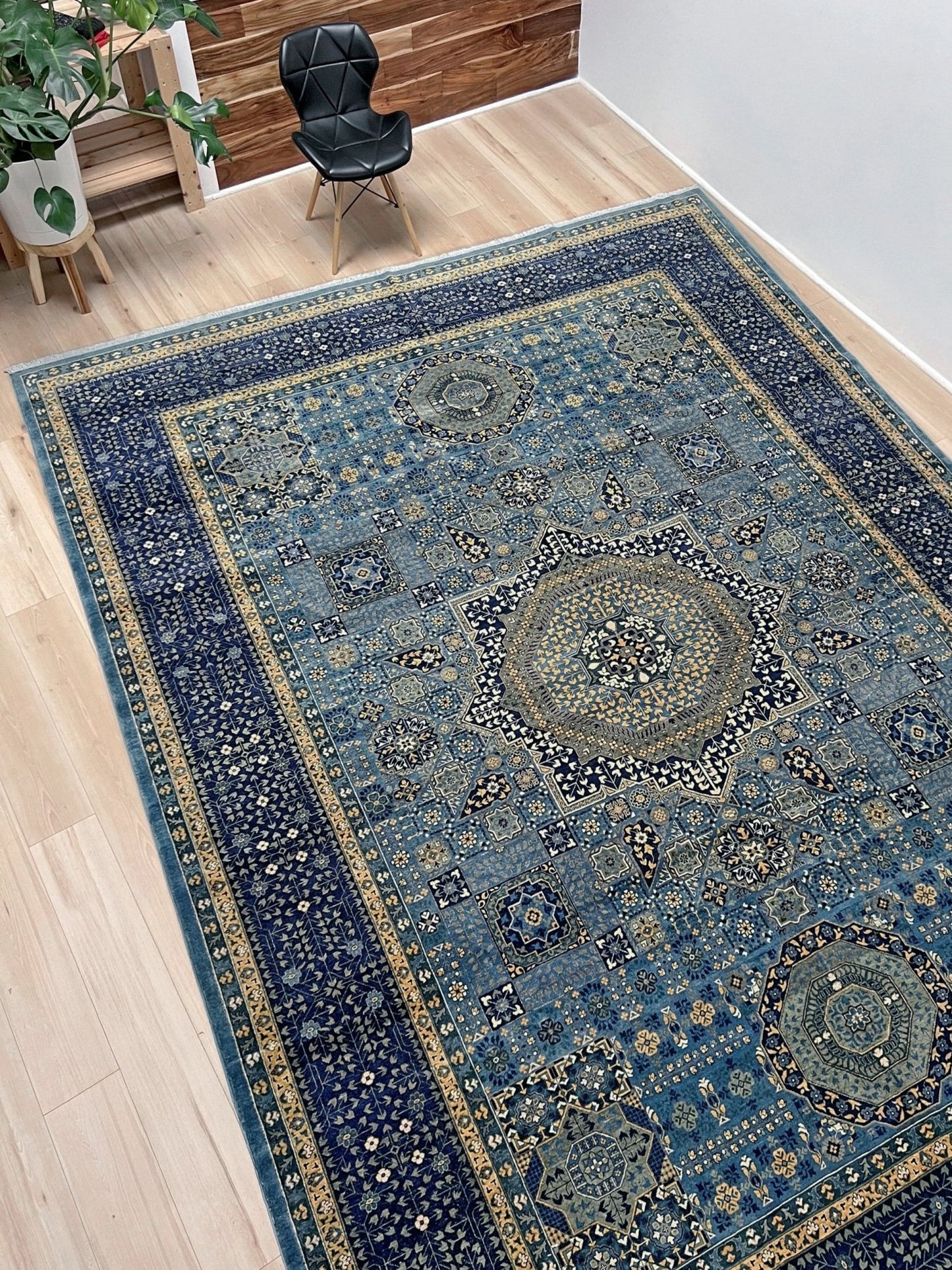 Decorative blue rug with intricate patterns. Brand new fine Mamluk rug 10x14 with navy, denim blue, and soft gold geometric medallion design, high knot density (50×50 ~156 KPSI), perfect for large living rooms and dining spaces. From Indigo Rugs, Burlingame — the best rug shop in the San Francisco Bay Area. Free shipping.