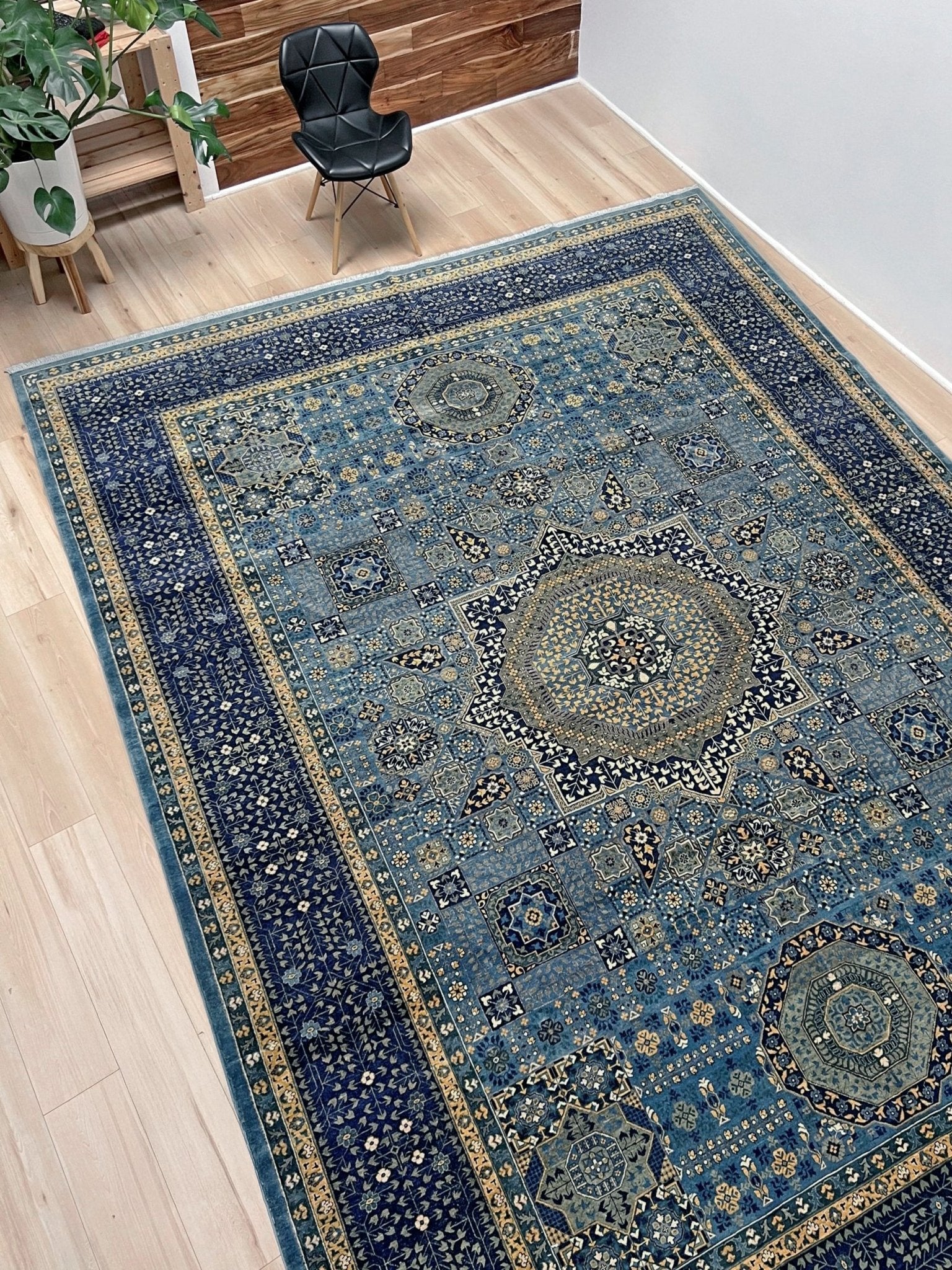 Decorative blue rug with intricate patterns. Brand new fine Mamluk rug 10x14 with navy, denim blue, and soft gold geometric medallion design, high knot density (50×50 ~156 KPSI), perfect for large living rooms and dining spaces. From Indigo Rugs, Burlingame — the best rug shop in the San Francisco Bay Area. Free shipping.