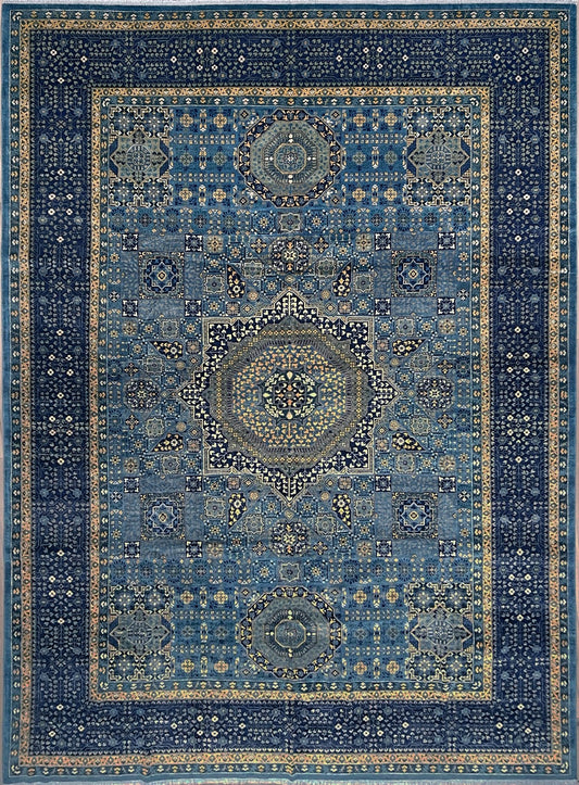 50x50 mamluk handmade blue transitional area rug. 10x14 rug for living room. Luxury rug shop palo alro. Oriental rug shop san francisco bay area.