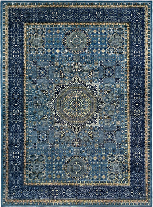 Decorative blue rug with intricate patterns. Brand new fine Mamluk rug 10x14 with navy, denim blue, and soft gold geometric medallion design, high knot density (50×50 ~156 KPSI), perfect for large living rooms and dining spaces. From Indigo Rugs, Burlingame — the best rug shop in the San Francisco Bay Area. Free shipping.