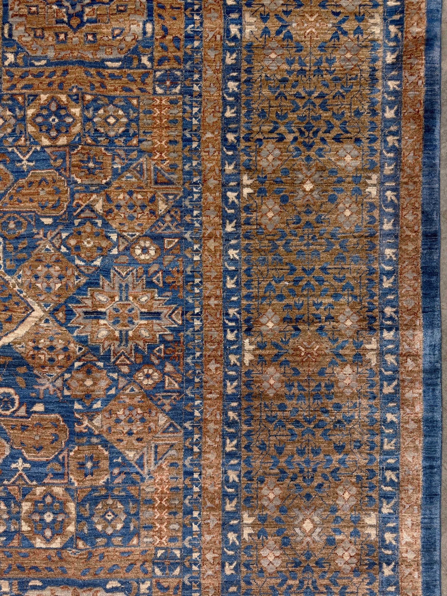 50x50 handmade Mamluk rug with walnut brown field, denim blue geometric medallions, ivory and taupe details, traditional wool area rug 9x12 from Indigo Rugs Burlingame Bay Area.