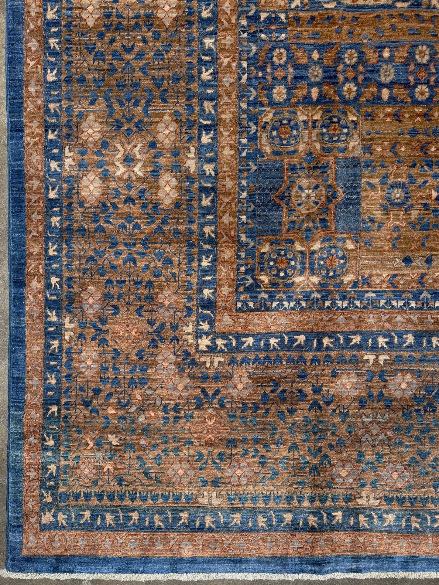 50x50 handmade Mamluk rug with walnut brown field, denim blue geometric medallions, ivory and taupe details, traditional wool area rug 9x12 from Indigo Rugs Burlingame Bay Area.