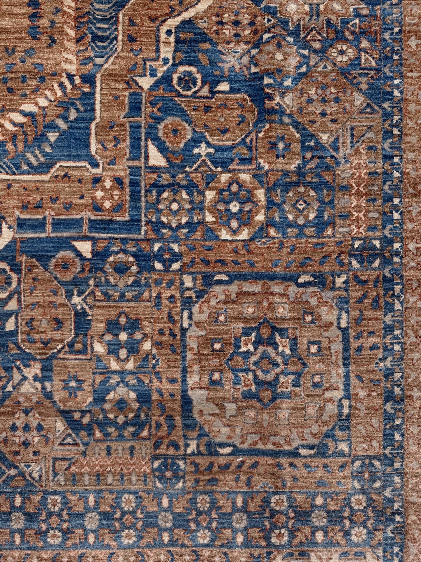 50x50 handmade Mamluk rug with walnut brown field, denim blue geometric medallions, ivory and taupe details, traditional wool area rug 9x12 from Indigo Rugs Burlingame Bay Area.