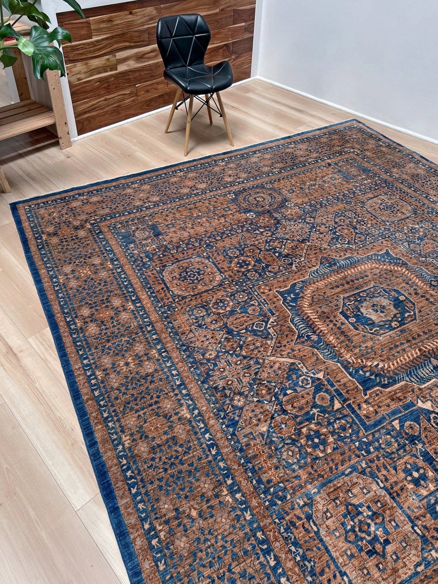 50x50 handmade Mamluk rug with walnut brown field, denim blue geometric medallions, ivory and taupe details, traditional wool area rug 9x12 from Indigo Rugs Burlingame Bay Area.