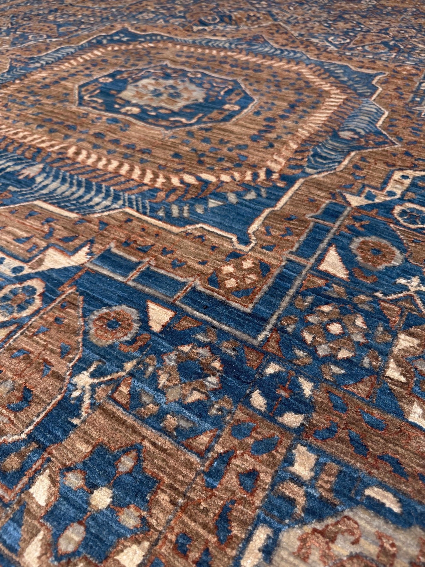 50x50 handmade Mamluk rug with walnut brown field, denim blue geometric medallions, ivory and taupe details, traditional wool area rug 9x12 from Indigo Rugs Burlingame Bay Area.