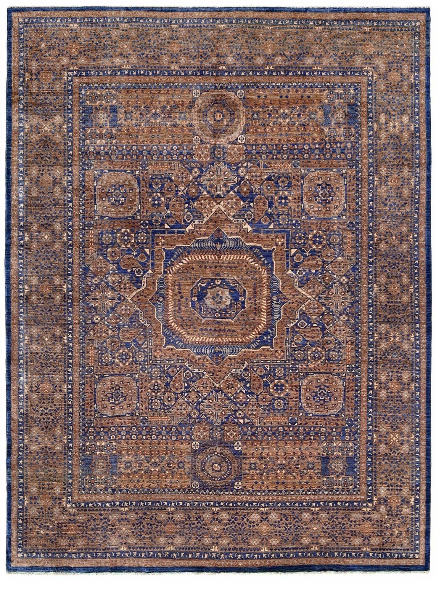 50x50 handmade Mamluk rug with walnut brown field, denim blue geometric medallions, ivory and taupe details, traditional wool area rug 9x12 from Indigo Rugs Burlingame Bay Area.