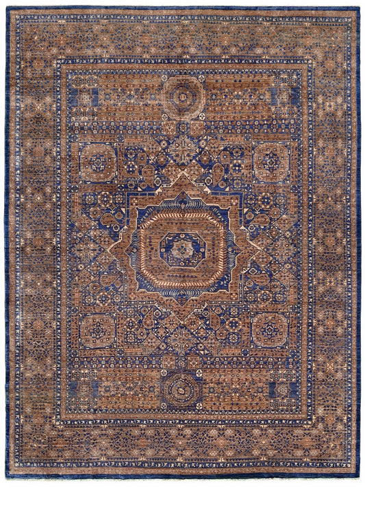 50x50 handmade Mamluk rug with walnut brown field, denim blue geometric medallions, ivory and taupe details, traditional wool area rug 9x12 from Indigo Rugs Burlingame Bay Area.