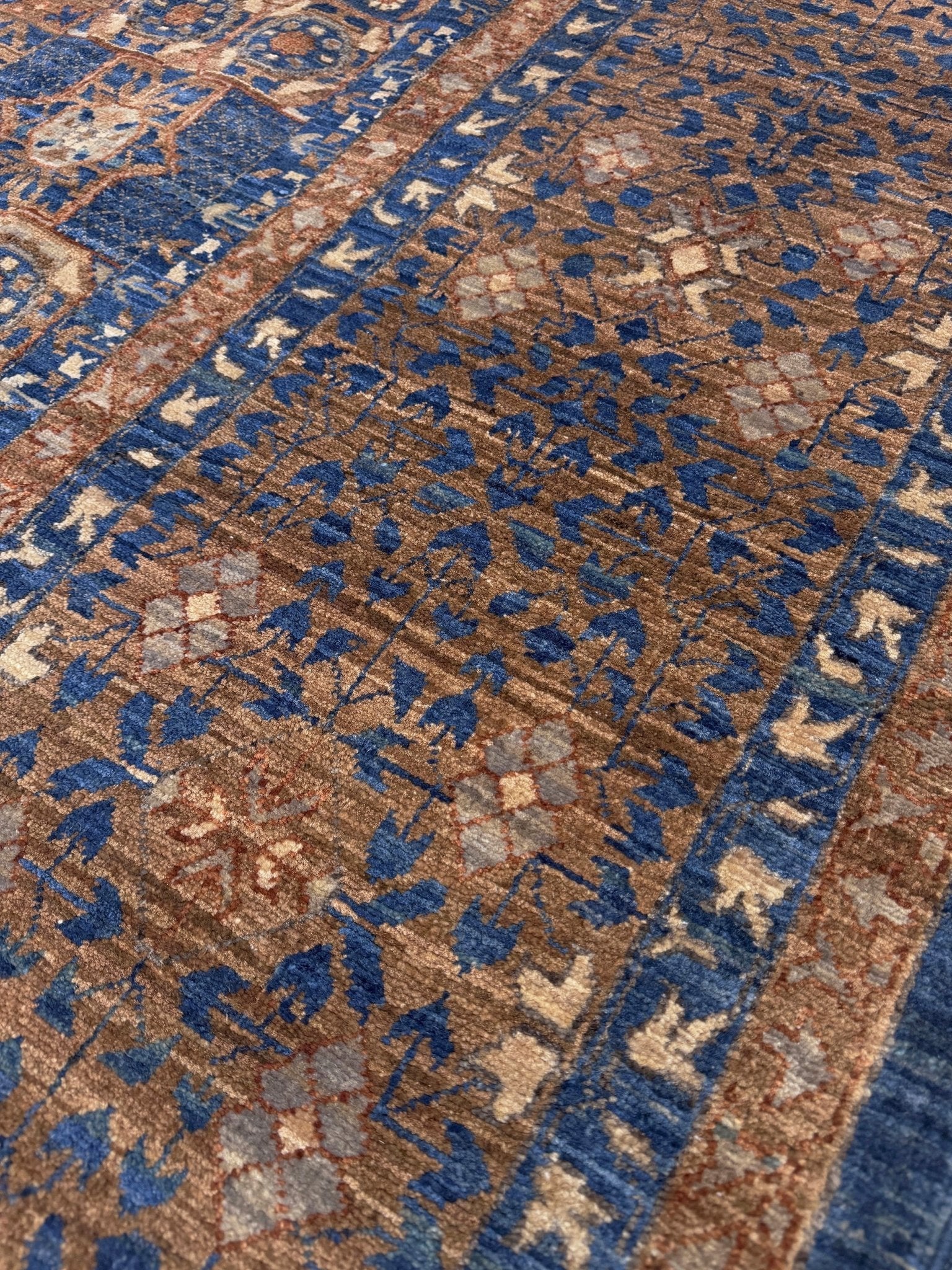 50x50 handmade Mamluk rug with walnut brown field, denim blue geometric medallions, ivory and taupe details, traditional wool area rug 9x12 from Indigo Rugs Burlingame Bay Area.