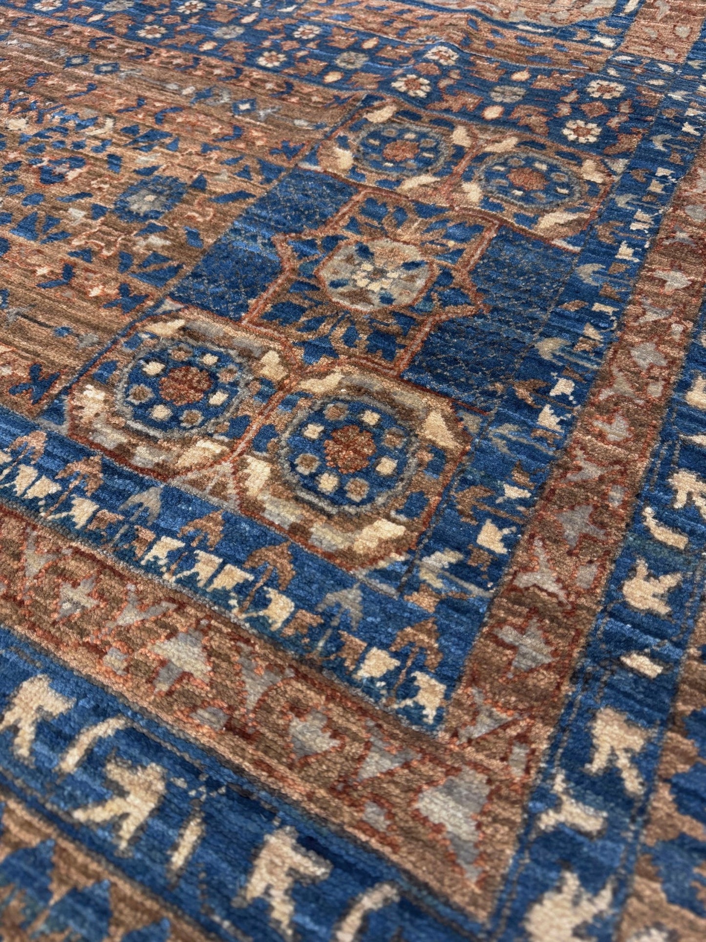 50x50 handmade Mamluk rug with walnut brown field, denim blue geometric medallions, ivory and taupe details, traditional wool area rug 9x12 from Indigo Rugs Burlingame Bay Area.