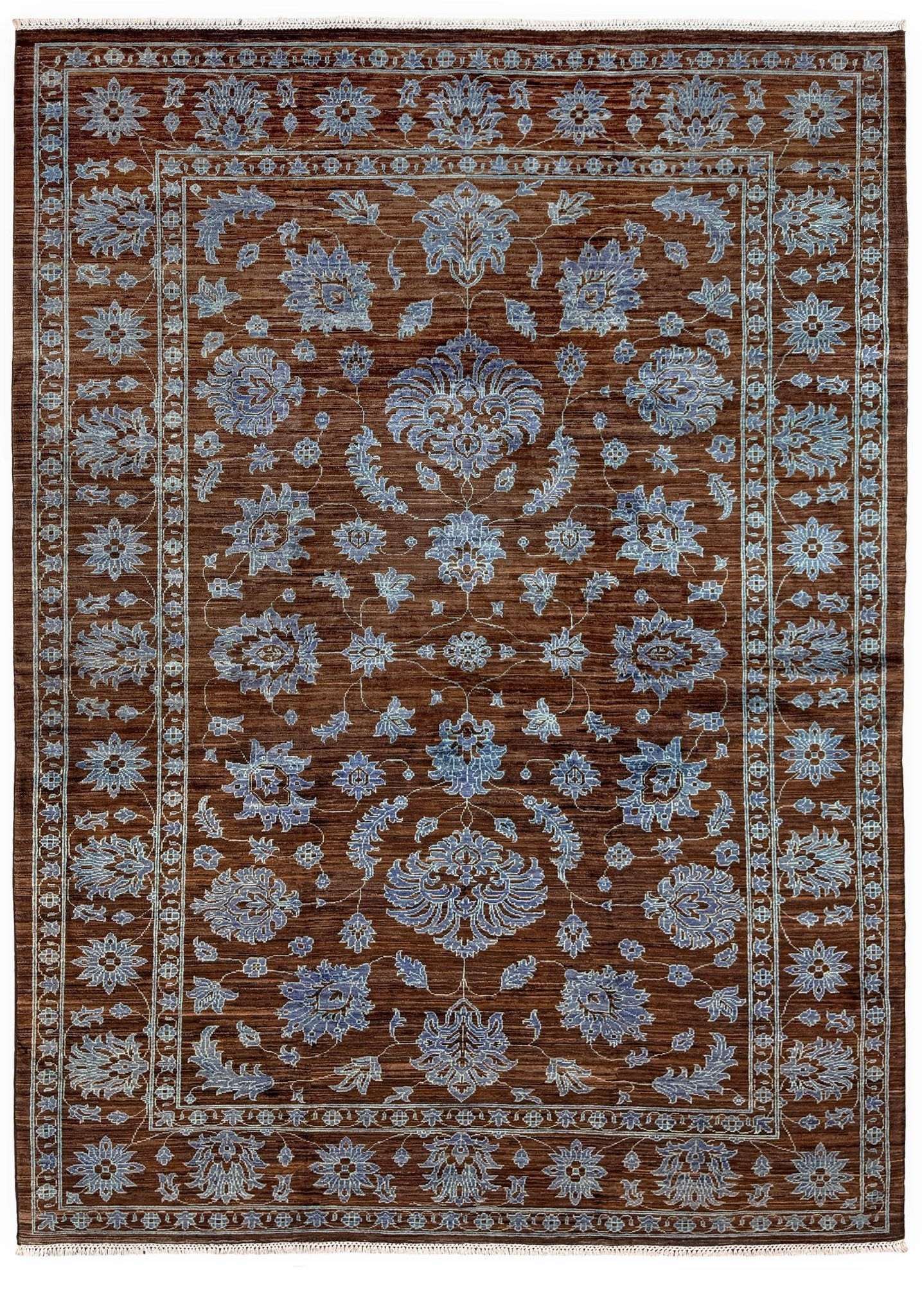 Brand new handmade floral rug with walnut brown, blue and soft turquoise accents, wool area rug 7x9 from Indigo Rugs Burlingame Bay Area.