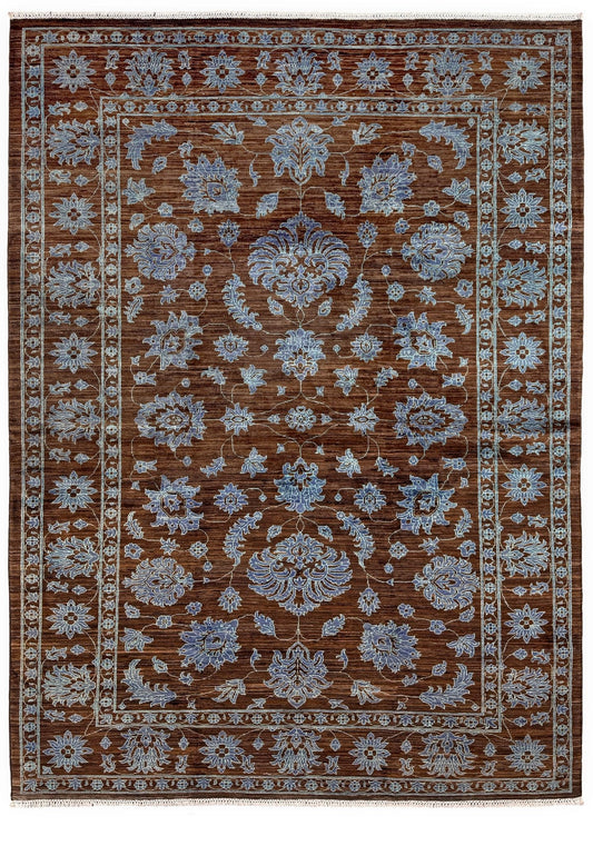 Brand new handmade floral rug with walnut brown, blue and soft turquoise accents, wool area rug 7x9 from Indigo Rugs Burlingame Bay Area.