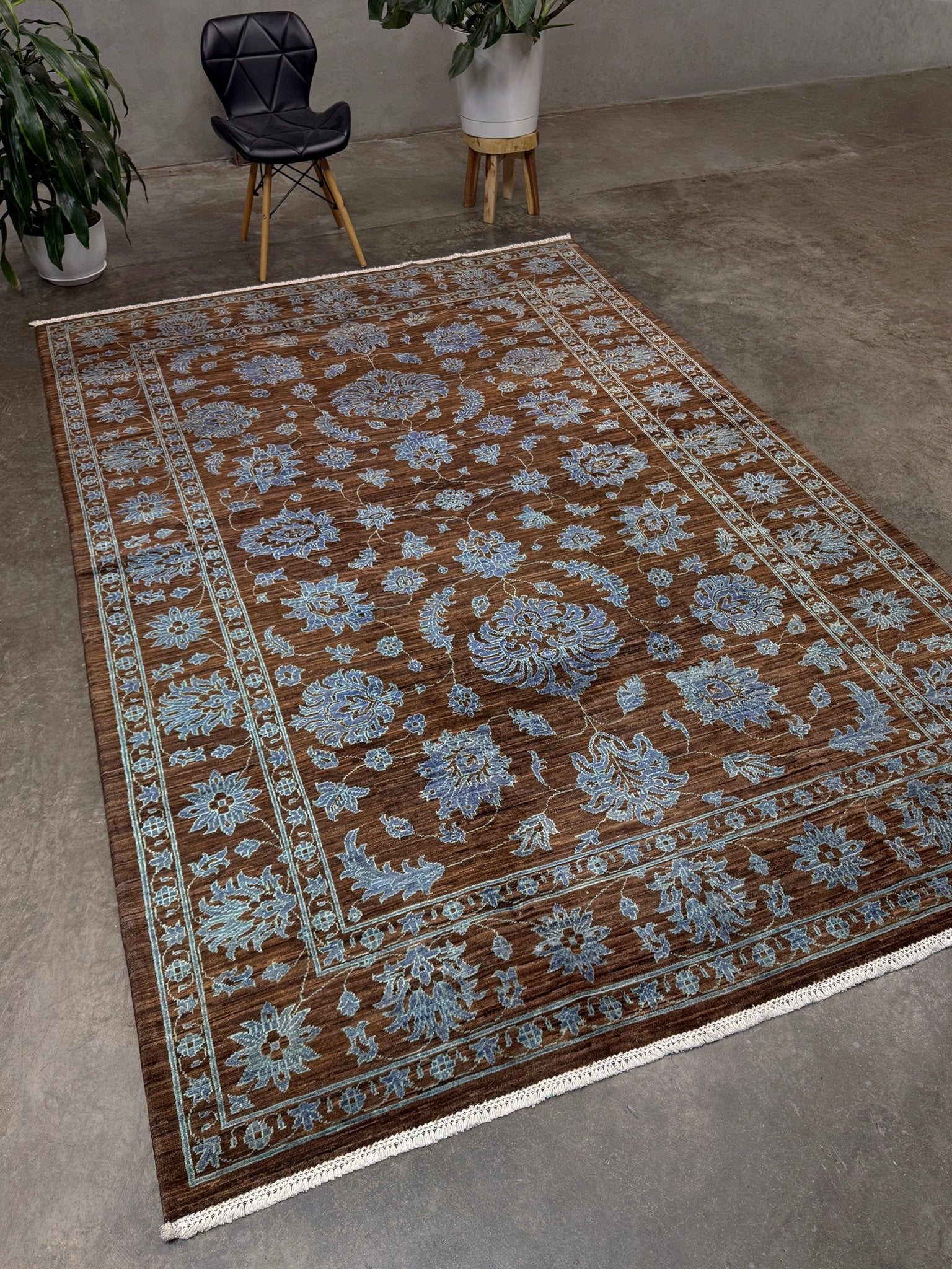 Brand new handmade floral rug with walnut brown, blue and soft turquoise accents, wool area rug 7x9 from Indigo Rugs Burlingame Bay Area.