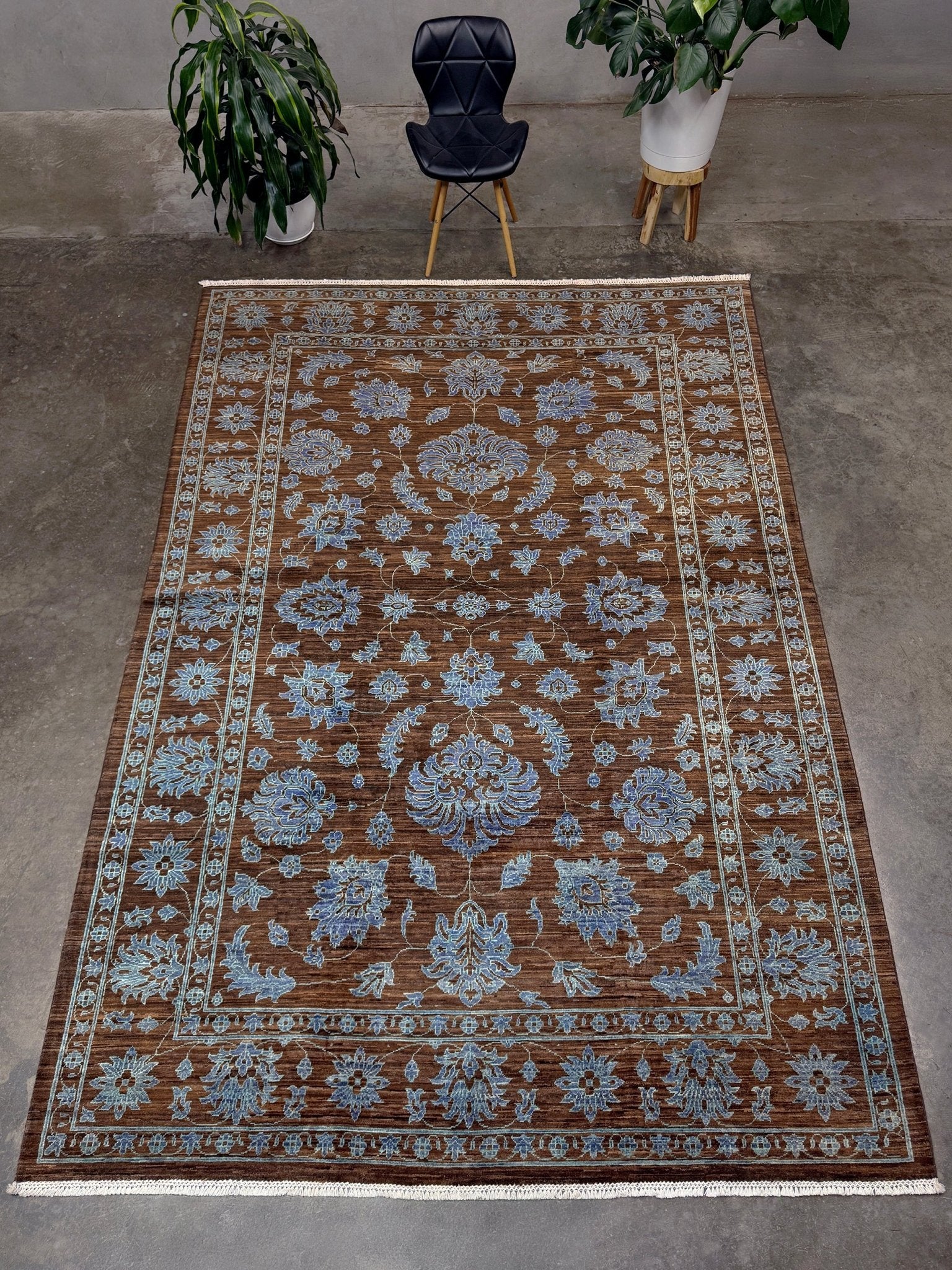 Brand new handmade floral rug with walnut brown, blue and soft turquoise accents, wool area rug 7x9 from Indigo Rugs Burlingame Bay Area.
