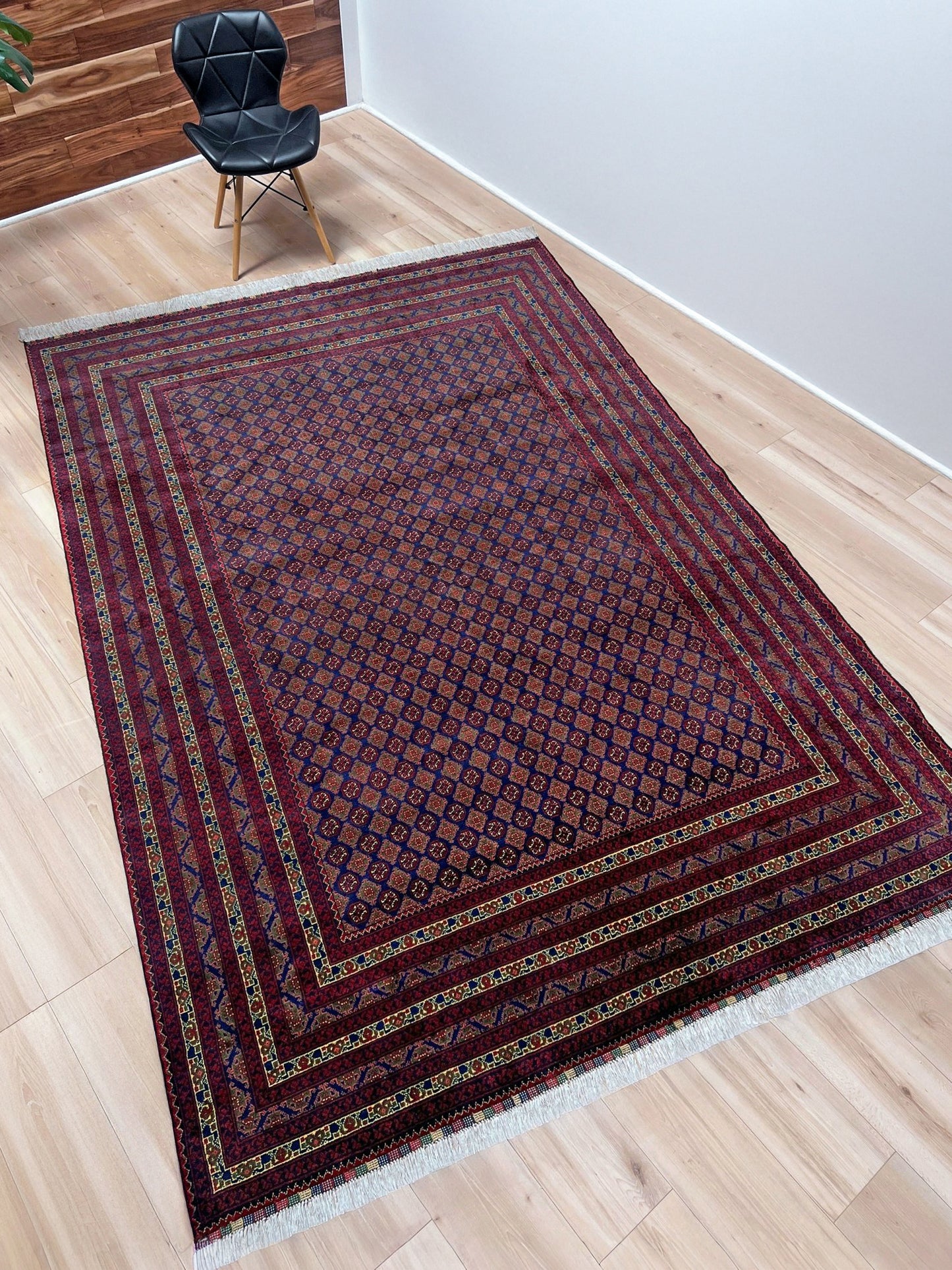 deep indigo blue turkmen khoja roshnai rug 7x9 tribal gul pattern afghan handmade merino wool rug silky sheen indigo rugs san francisco bay area