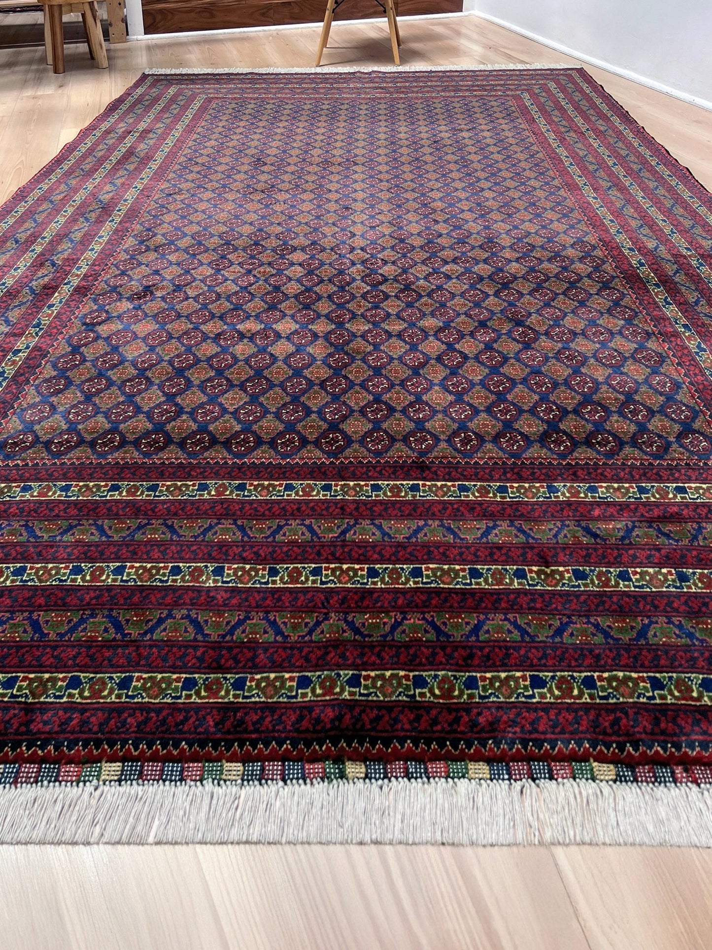 deep indigo blue turkmen khoja roshnai rug 7x9 tribal gul pattern afghan handmade merino wool rug silky sheen indigo rugs san francisco bay area