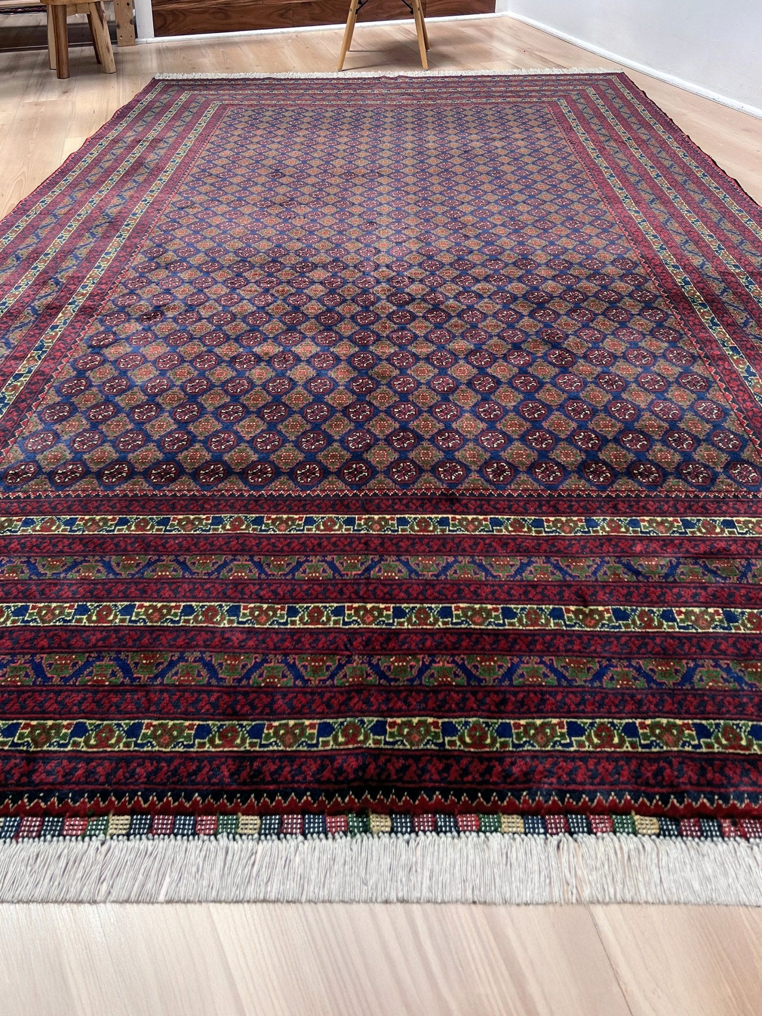 deep indigo blue turkmen khoja roshnai rug 7x9 tribal gul pattern afghan handmade merino wool rug silky sheen indigo rugs san francisco bay area