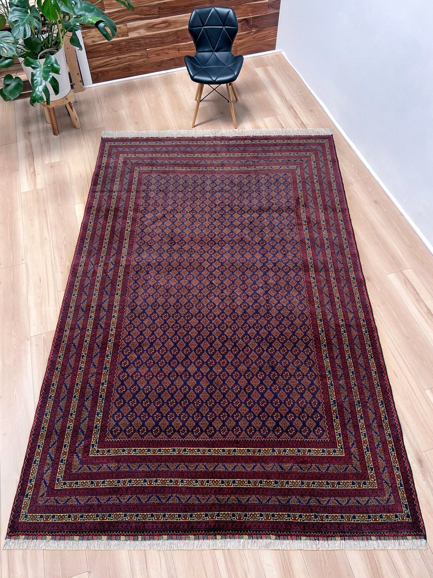 deep indigo blue turkmen khoja roshnai rug 7x9 tribal gul pattern afghan handmade merino wool rug silky sheen indigo rugs san francisco bay area