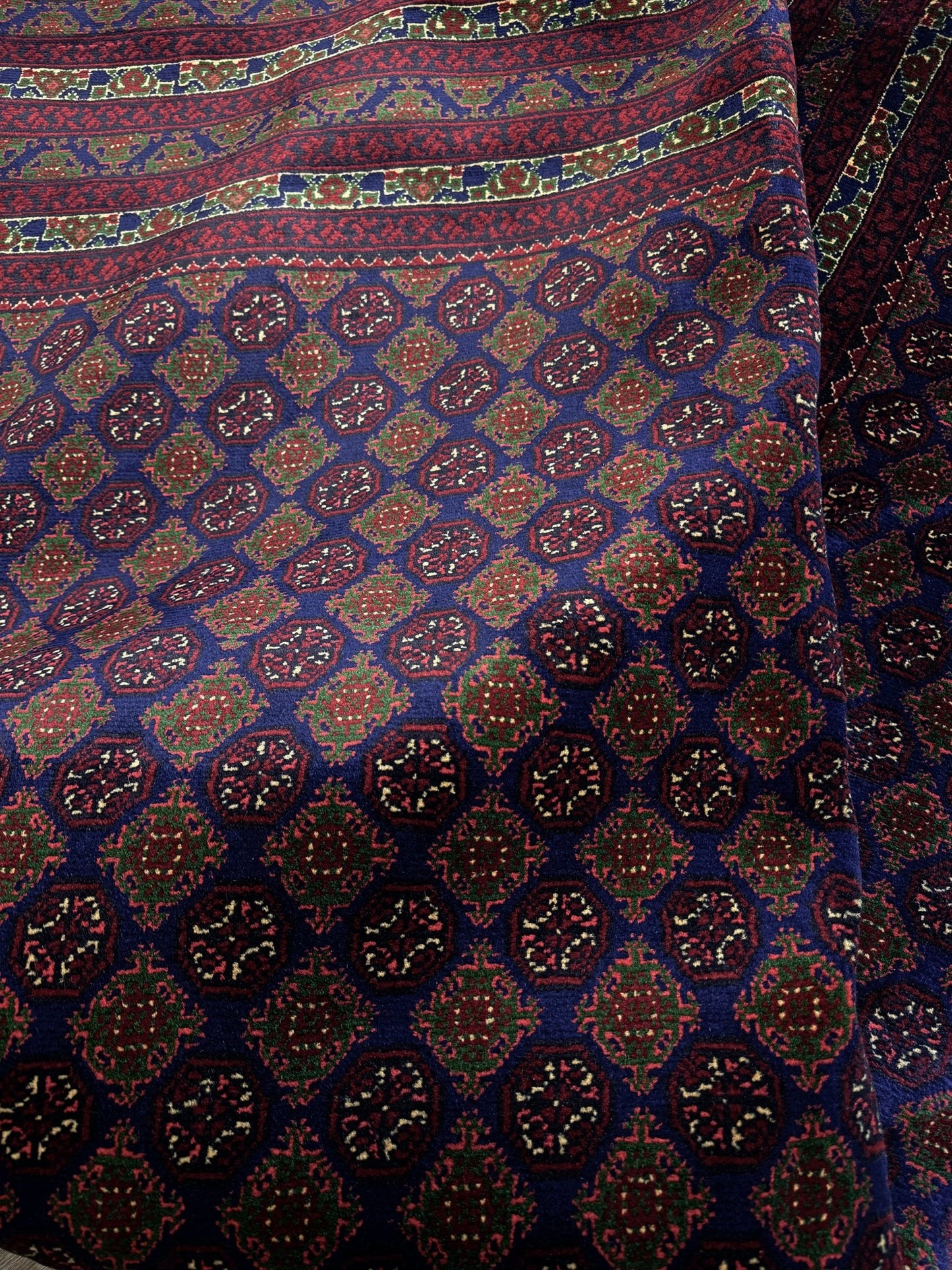 deep indigo blue turkmen khoja roshnai rug 7x9 tribal gul pattern afghan handmade merino wool rug silky sheen indigo rugs san francisco bay area
