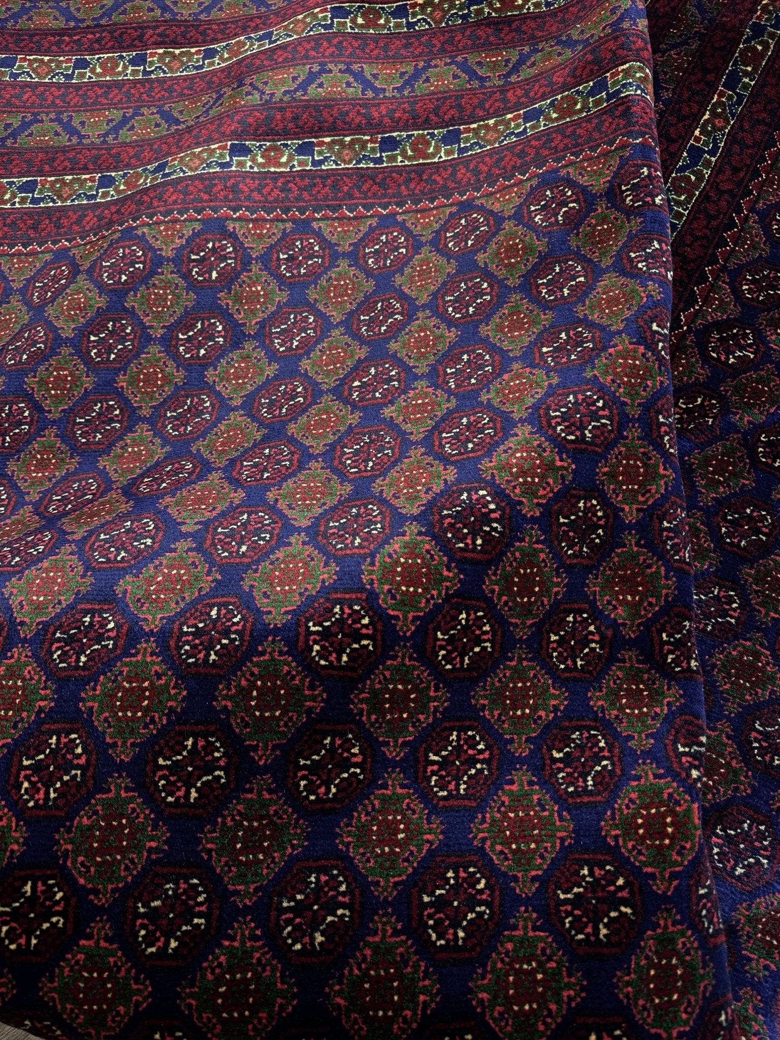 deep indigo blue turkmen khoja roshnai rug 7x9 tribal gul pattern afghan handmade merino wool rug silky sheen indigo rugs san francisco bay area